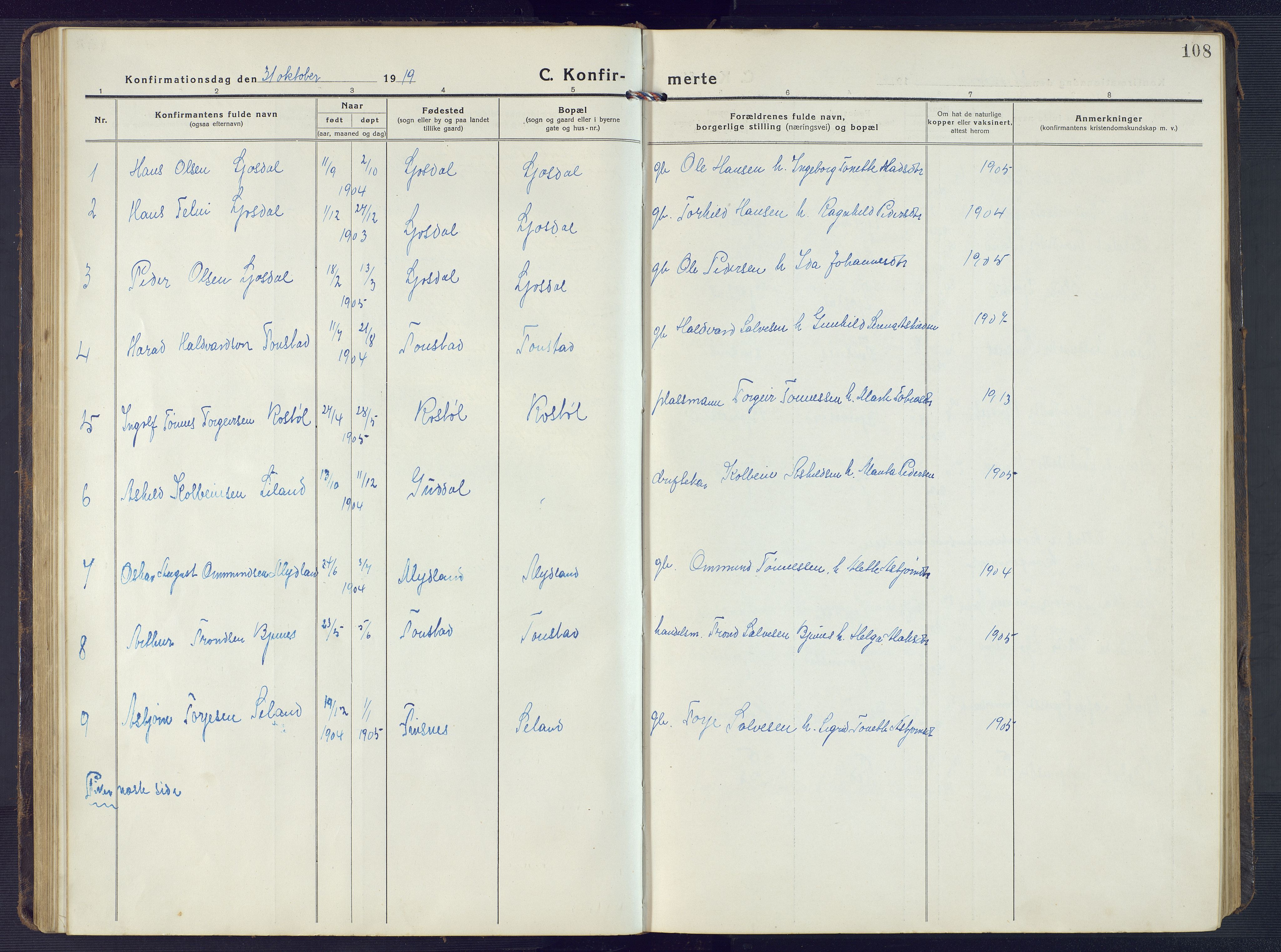 Sirdal sokneprestkontor, SAK/1111-0036/F/Fb/Fbb/L0005: Parish register (copy) no. B 5, 1916-1960, p. 108