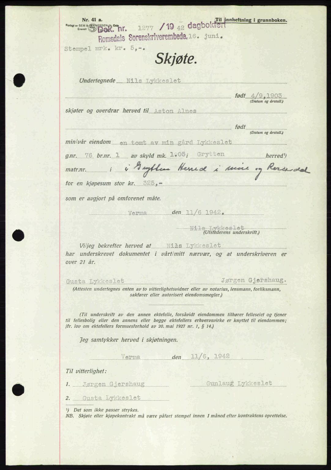 Romsdal sorenskriveri, AV/SAT-A-4149/1/2/2C: Mortgage book no. A12, 1942-1942, Diary no: : 1277/1942