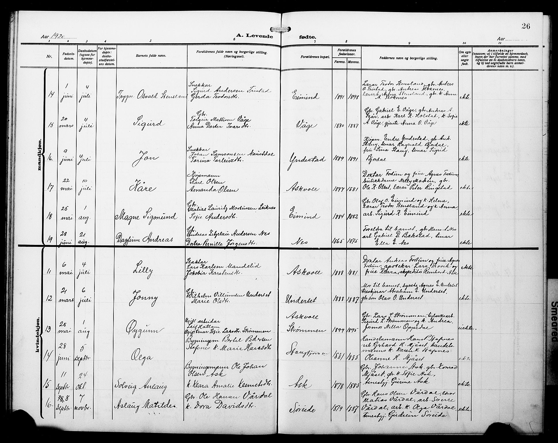 Askvoll sokneprestembete, AV/SAB-A-79501/H/Hab/Haba/L0004: Parish register (copy) no. A 4, 1913-1929, p. 26