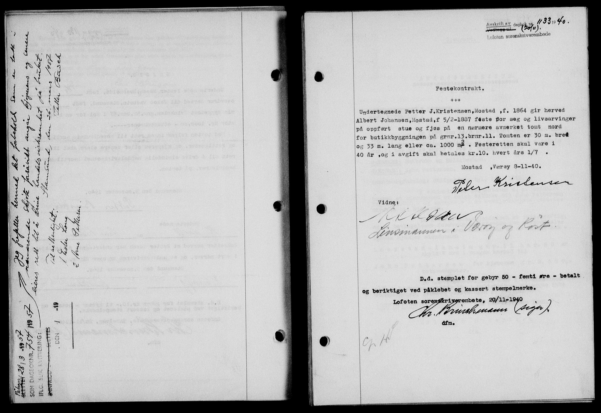 Lofoten sorenskriveri, SAT/A-0017/1/2/2C/L0008a: Mortgage book no. 8a, 1940-1941, Diary no: : 1133/1940