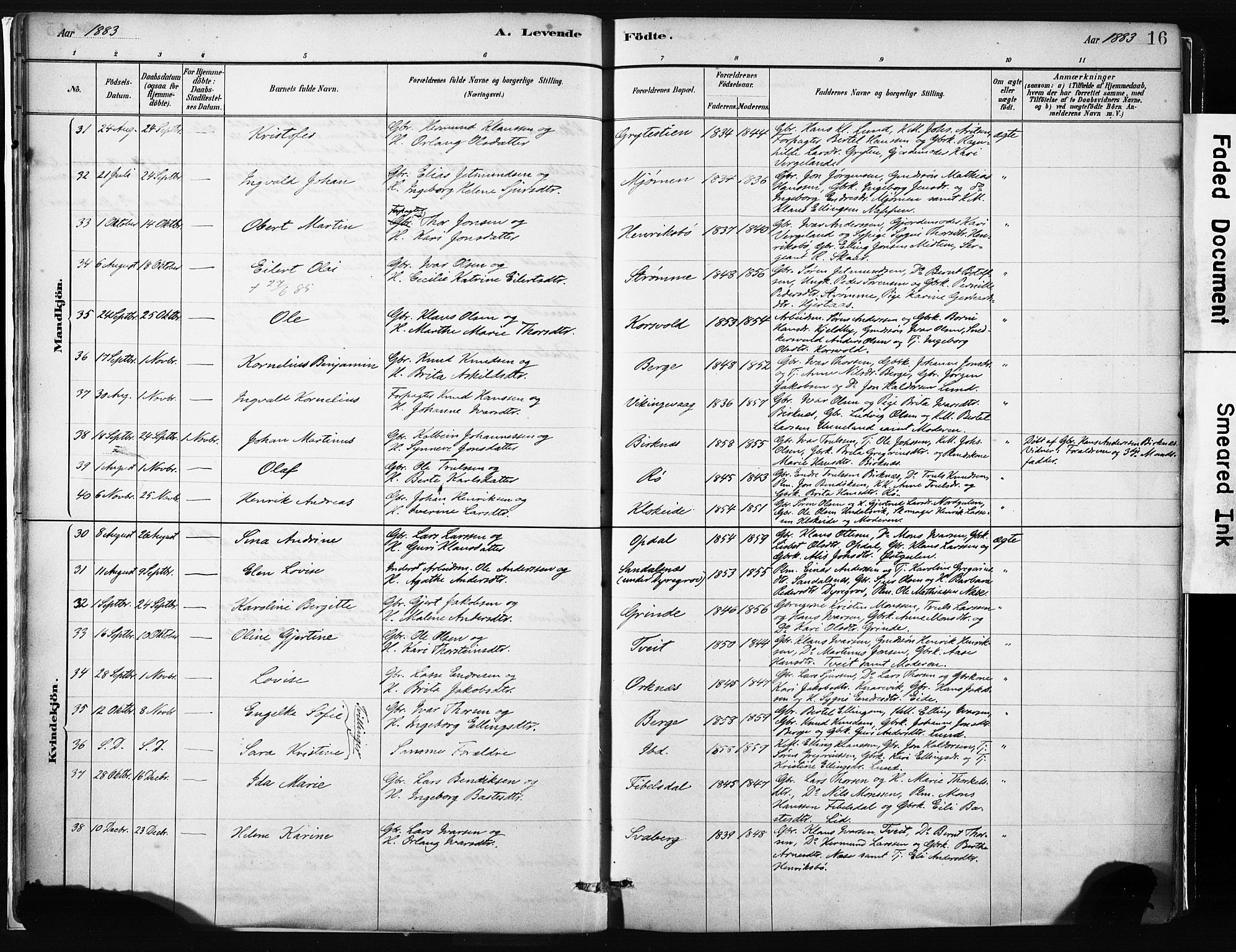 Gulen sokneprestembete, AV/SAB-A-80201/H/Haa/Haab/L0001: Parish register (official) no. B 1, 1881-1905, p. 16