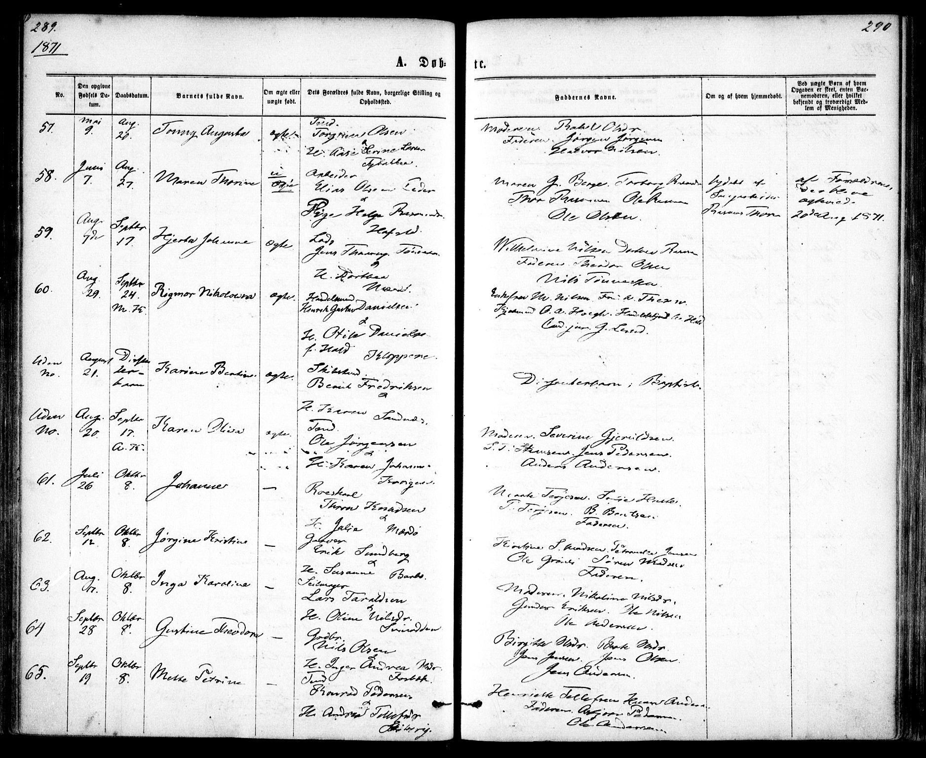 Tromøy sokneprestkontor, SAK/1111-0041/F/Fa/L0008: Parish register (official) no. A 8, 1870-1877, p. 289-290