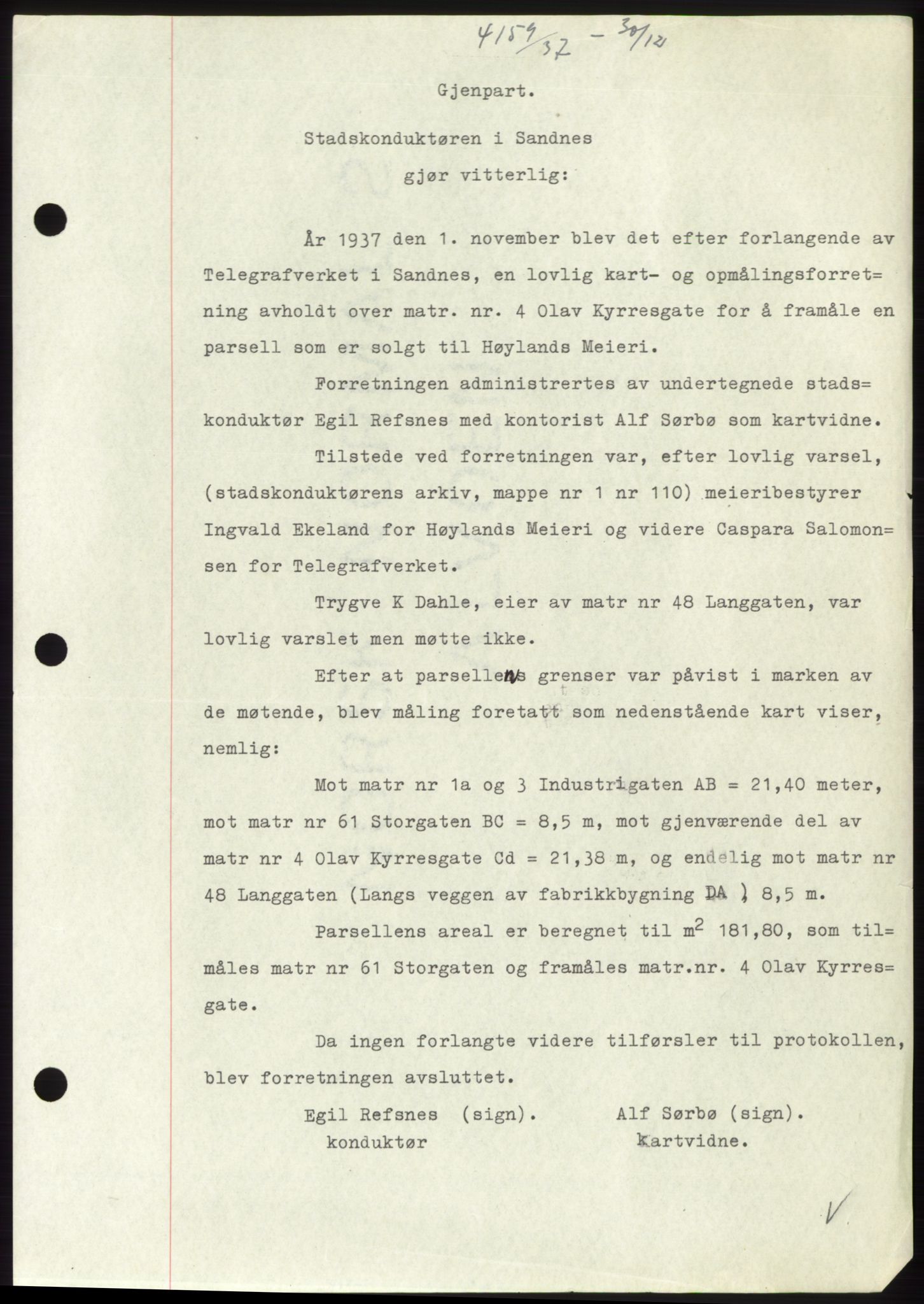 Jæren sorenskriveri, SAST/A-100310/03/G/Gba/L0069: Mortgage book, 1937-1937, Diary no: : 4159/1937