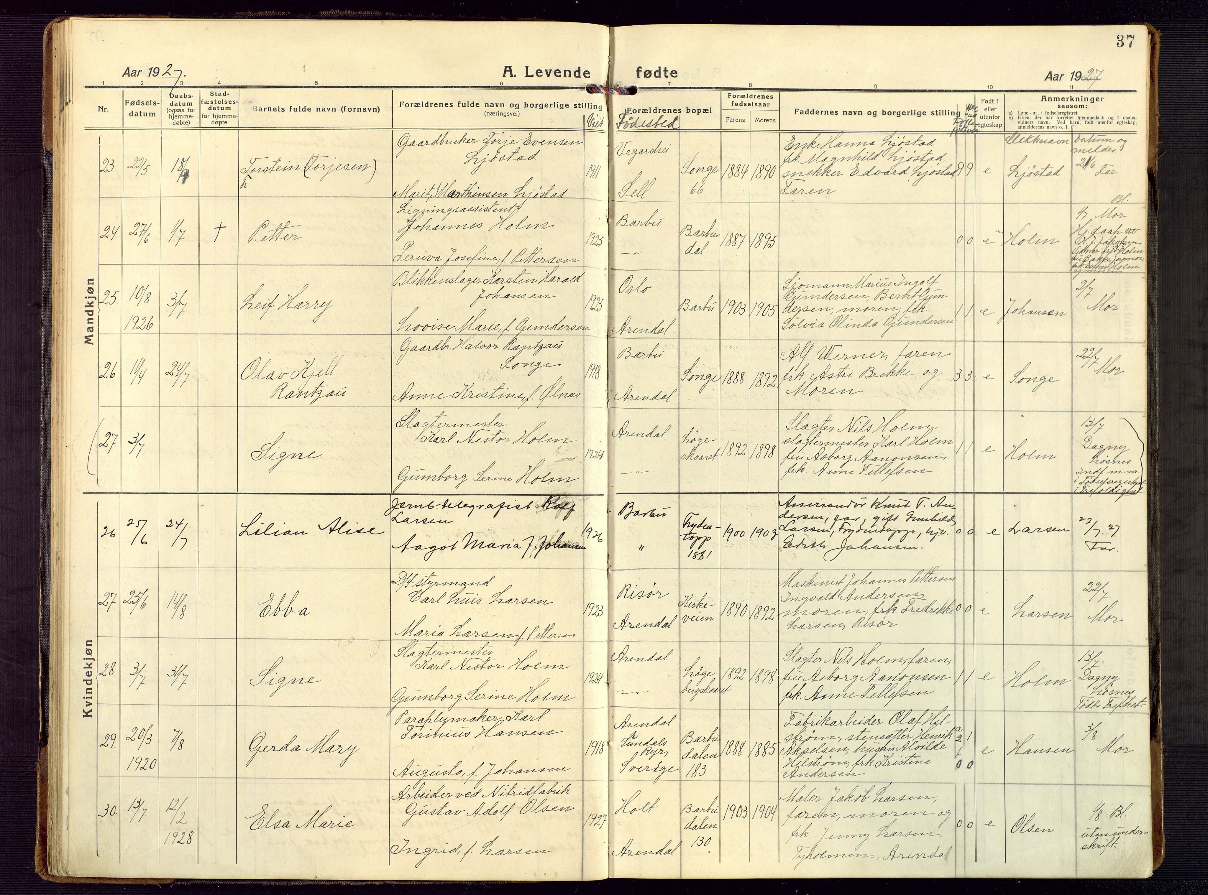 Barbu sokneprestkontor, AV/SAK-1111-0003/F/Fb/L0005: Parish register (copy) no. B 5, 1923-1946, p. 37