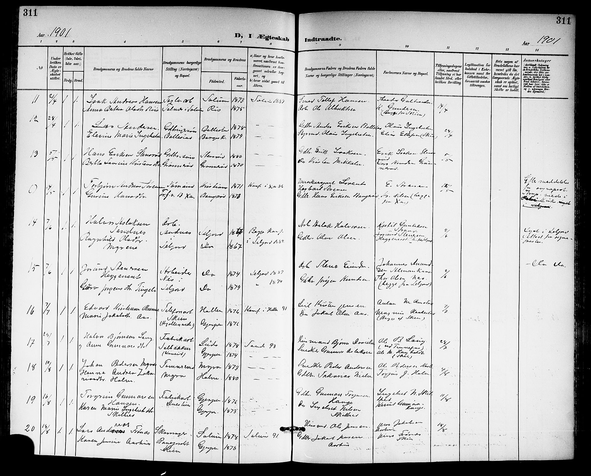 Gjerpen kirkebøker, SAKO/A-265/G/Ga/L0003: Parish register (copy) no. I 3, 1901-1919, p. 311