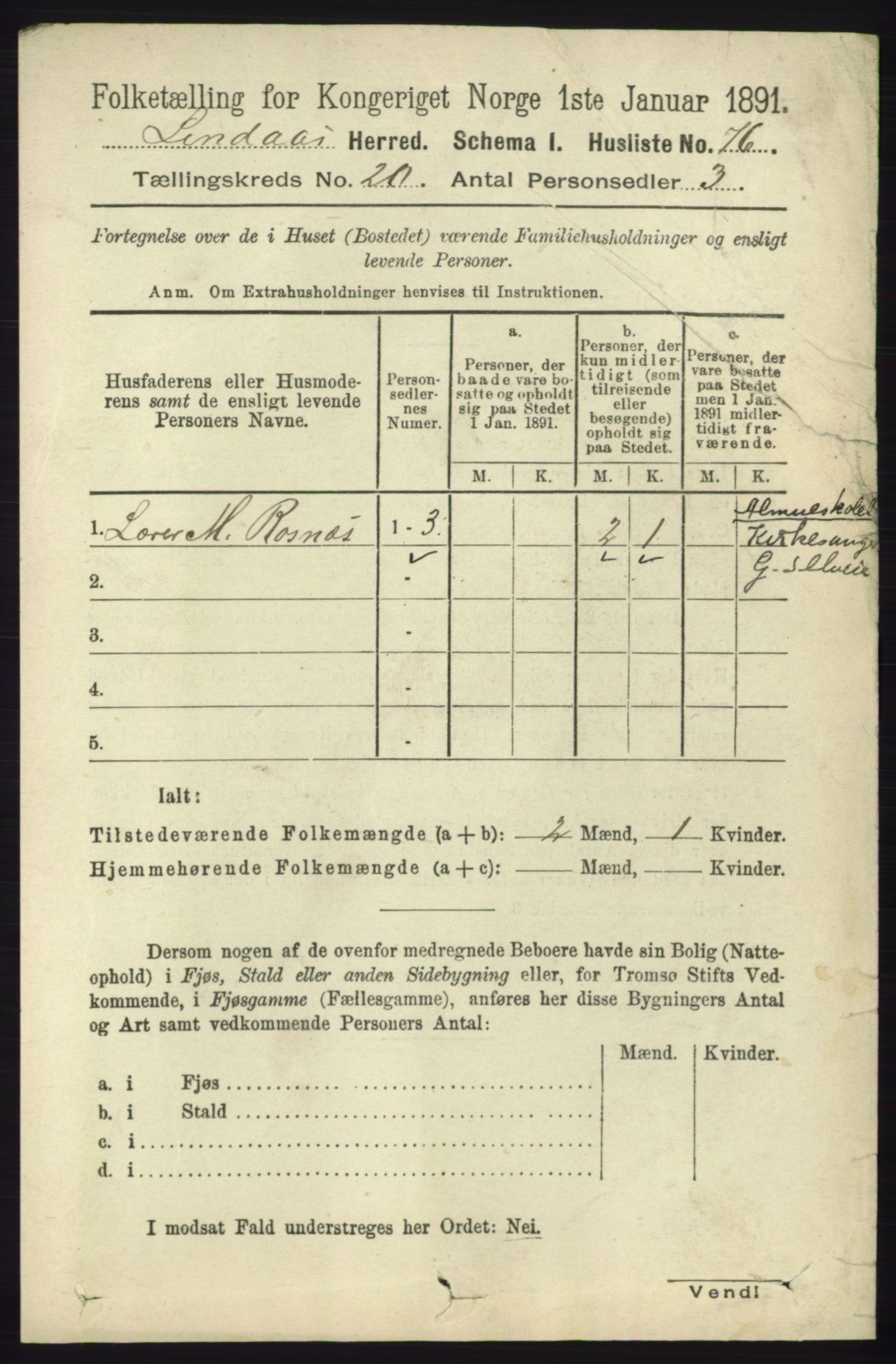 RA, 1891 census for 1263 Lindås, 1891, p. 7350