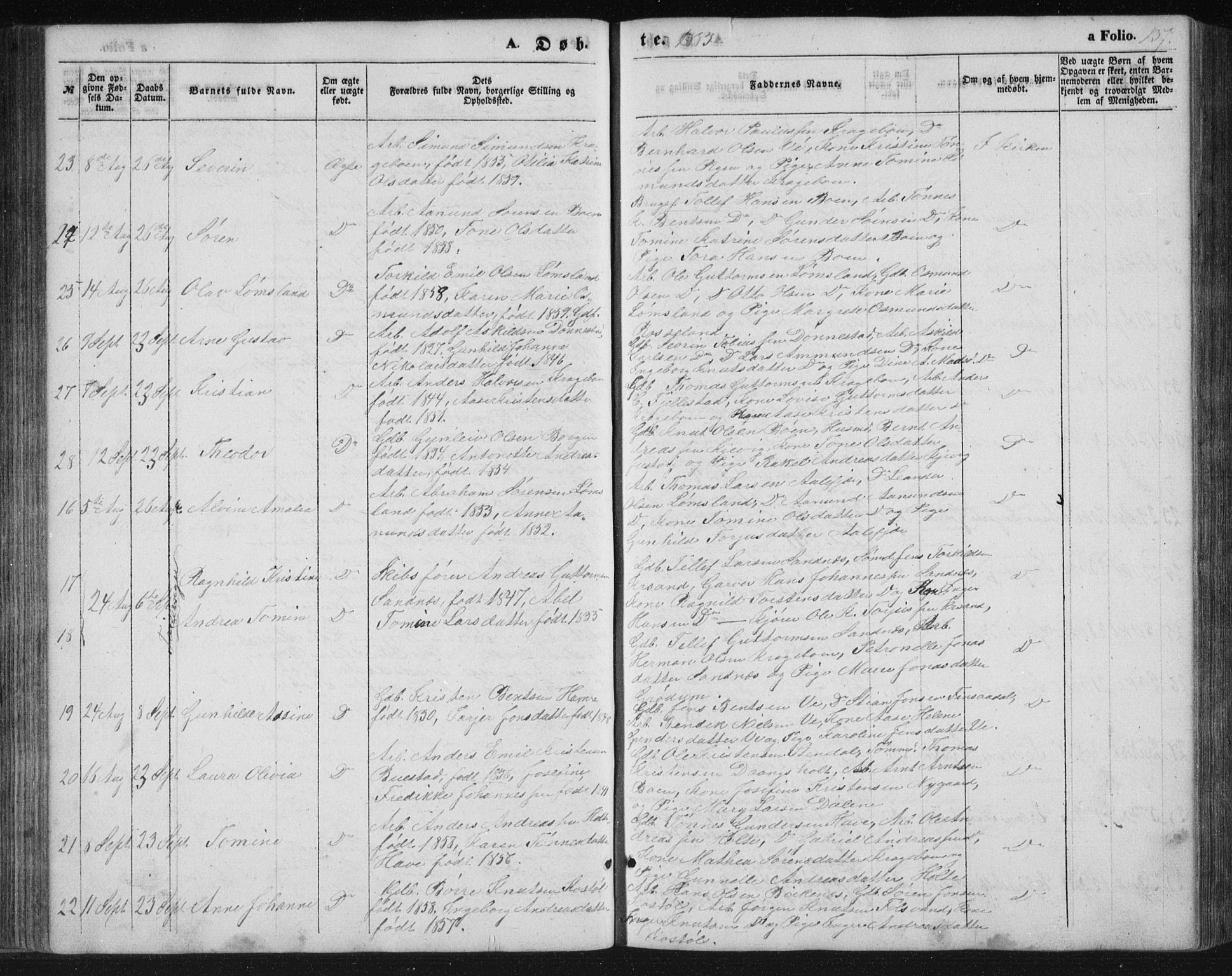 Tveit sokneprestkontor, SAK/1111-0043/F/Fb/L0003: Parish register (copy) no. B 3, 1854-1886, p. 137