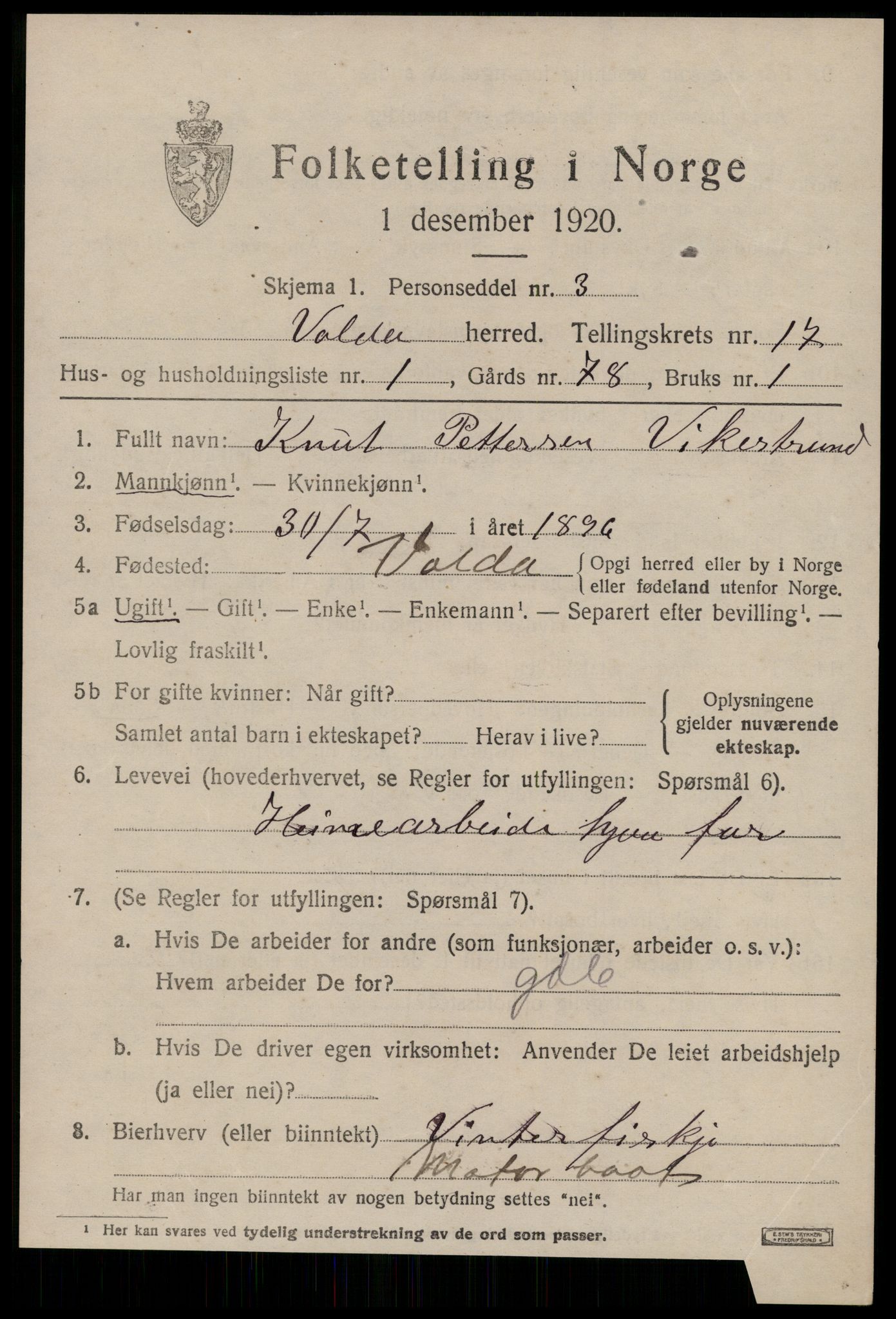 SAT, 1920 census for Volda, 1920, p. 9570