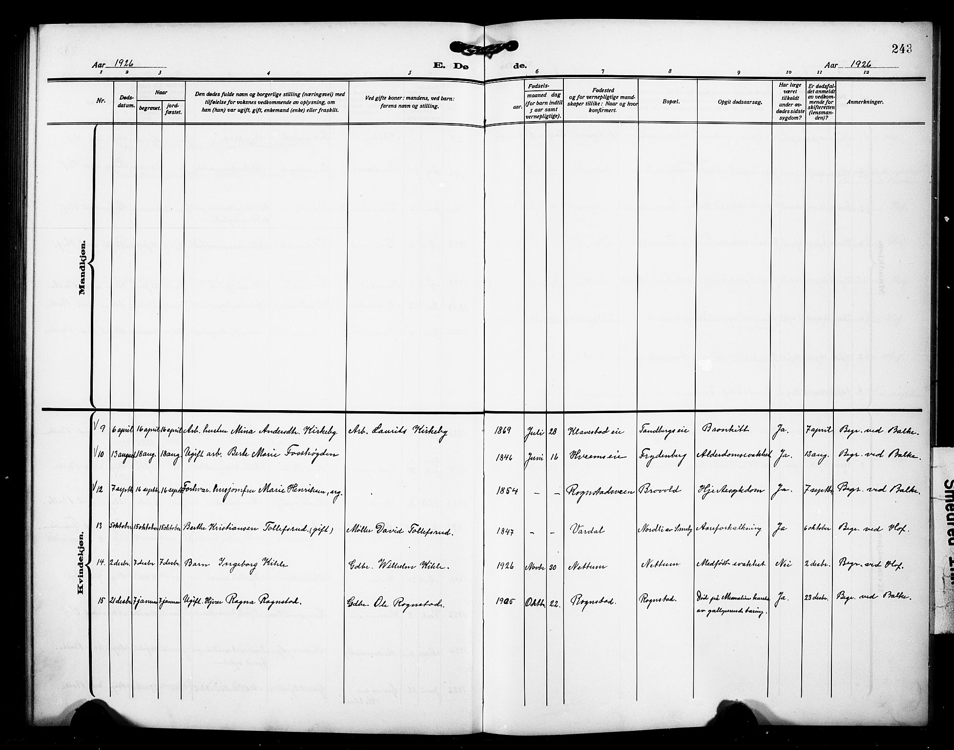 Østre Toten prestekontor, SAH/PREST-104/H/Ha/Hab/L0008: Parish register (copy) no. 8, 1913-1929, p. 243