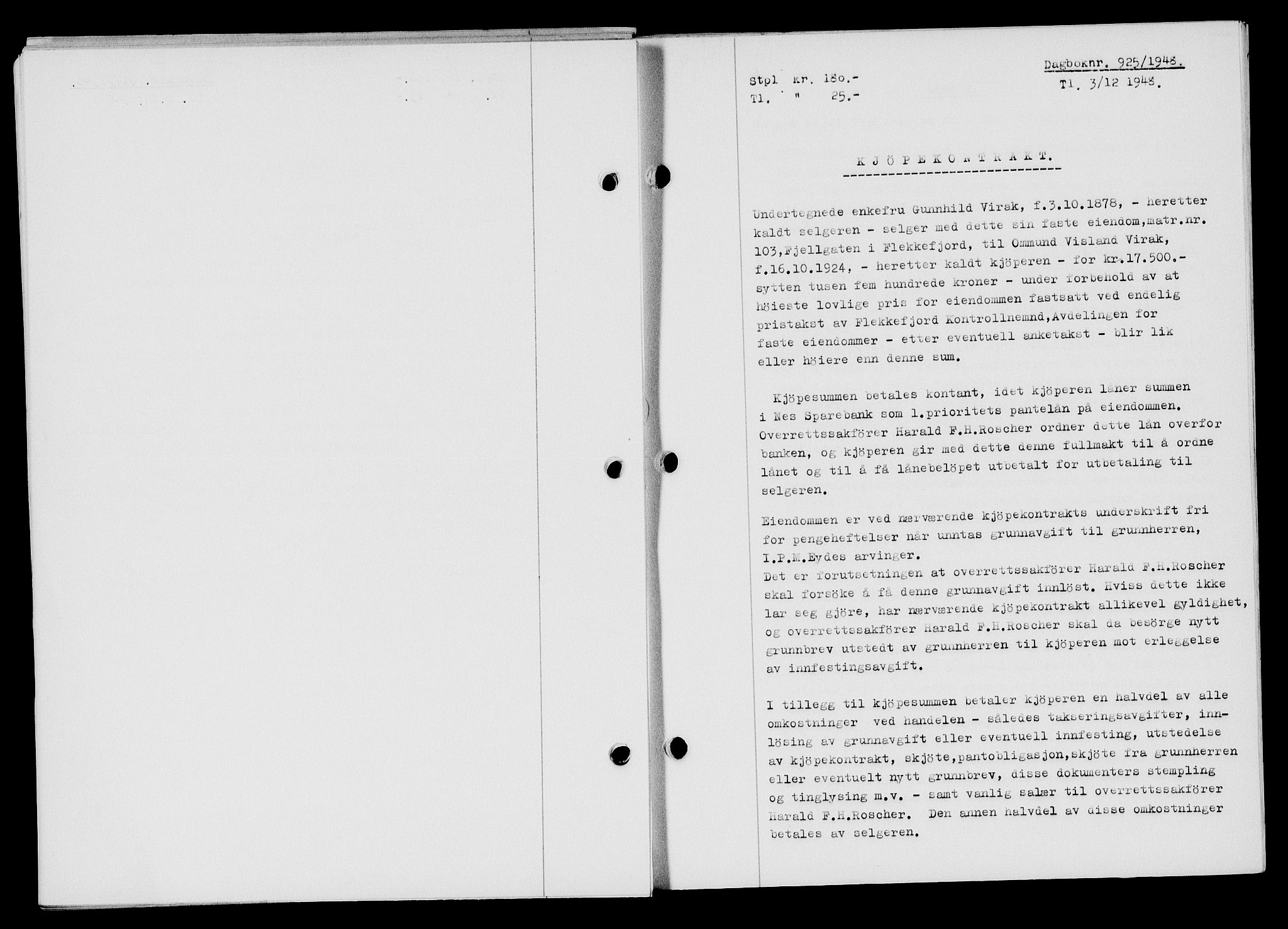 Flekkefjord sorenskriveri, SAK/1221-0001/G/Gb/Gba/L0064: Mortgage book no. A-12, 1948-1949, Diary no: : 925/1948