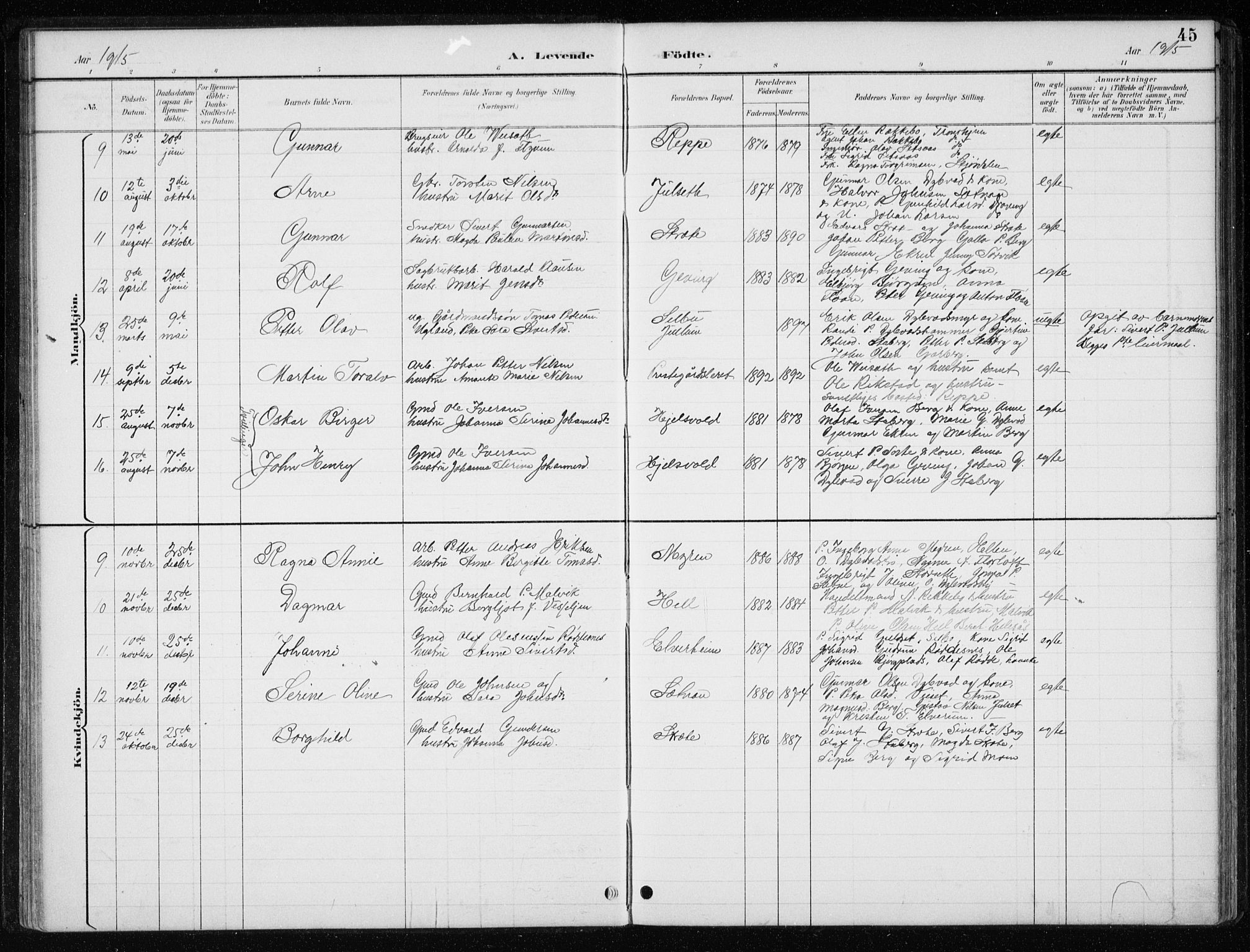 Ministerialprotokoller, klokkerbøker og fødselsregistre - Nord-Trøndelag, SAT/A-1458/710/L0096: Parish register (copy) no. 710C01, 1892-1925, p. 45