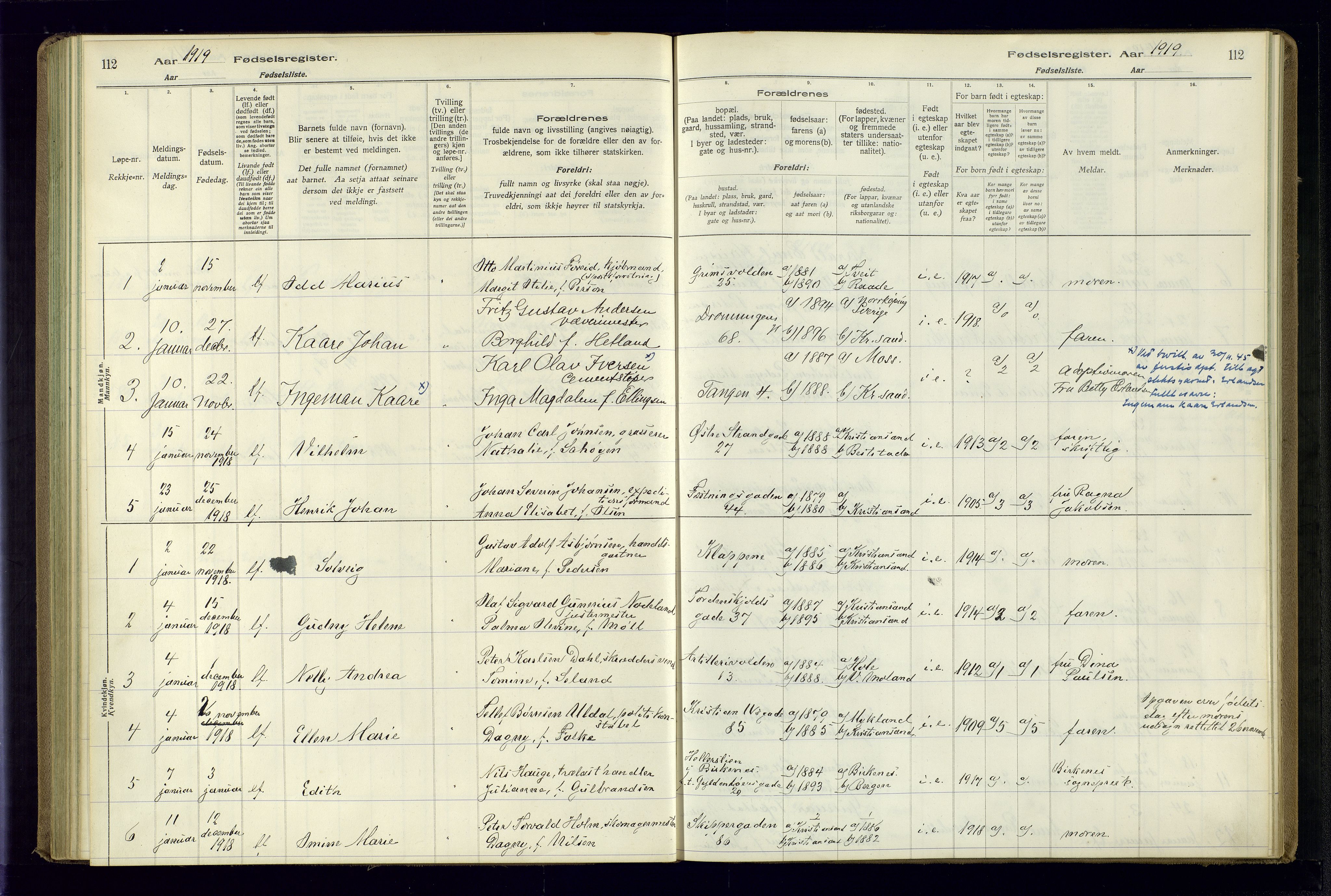 Kristiansand domprosti, AV/SAK-1112-0006/J/Jc/L0001: Birth register no. A-VI-45, 1916-1921, p. 112