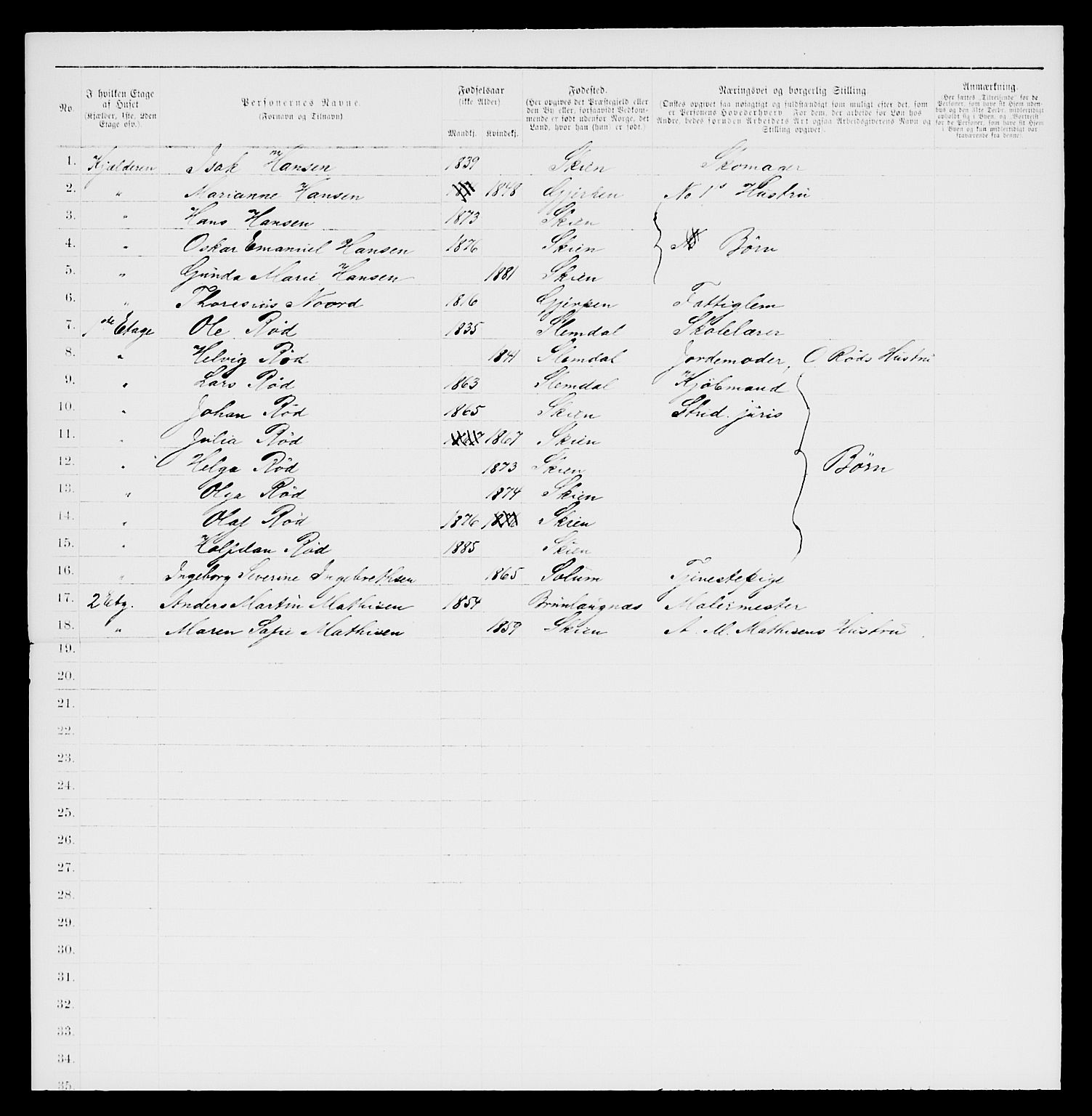 SAKO, 1885 census for 0806 Skien, 1885, p. 605