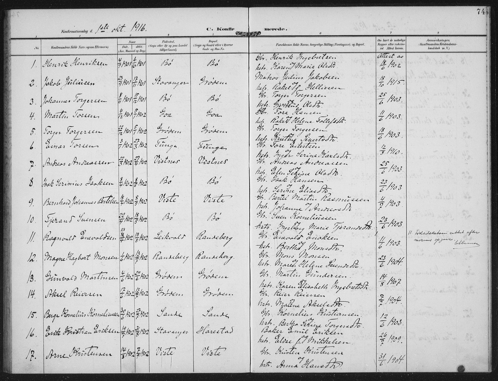 Hetland sokneprestkontor, AV/SAST-A-101826/30/30BA: Parish register (official) no. A 14, 1905-1919, p. 74