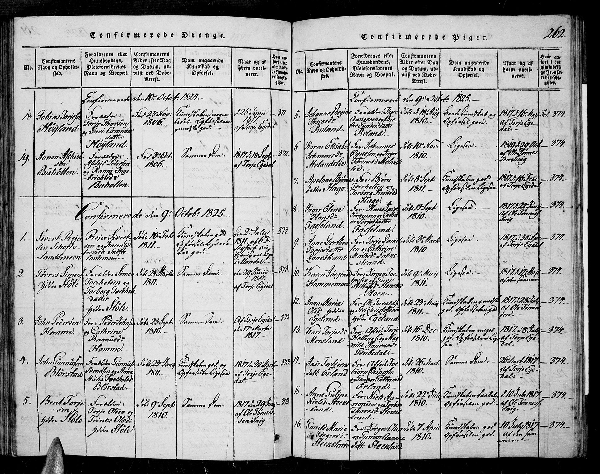 Sør-Audnedal sokneprestkontor, AV/SAK-1111-0039/F/Fa/Fab/L0005: Parish register (official) no. A 5, 1816-1830, p. 262