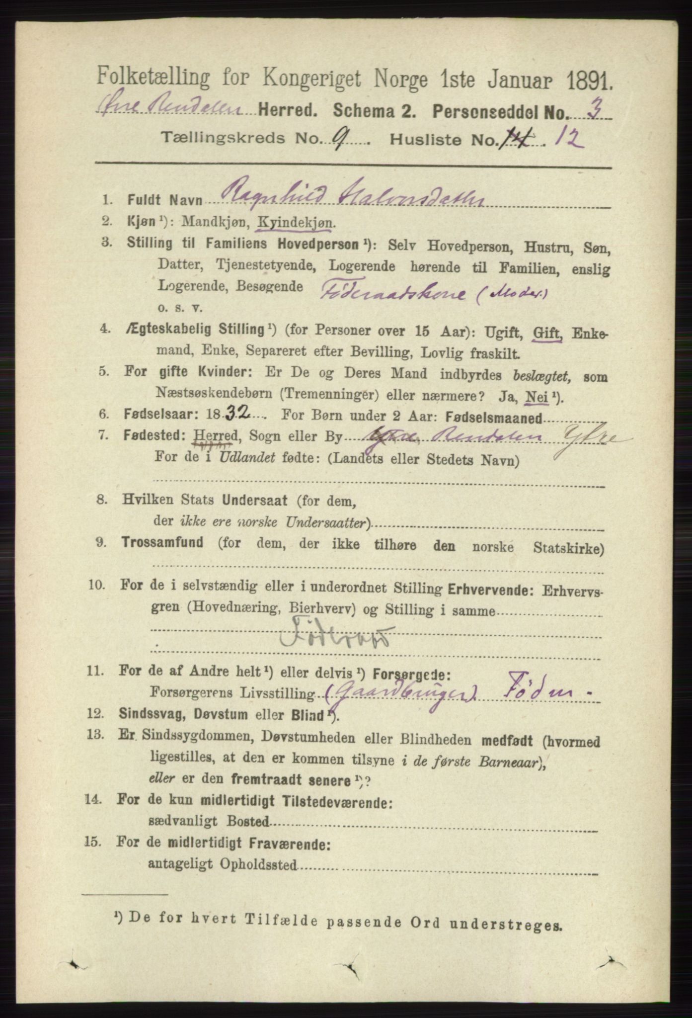 RA, 1891 census for 0433 Øvre Rendal, 1891, p. 2271