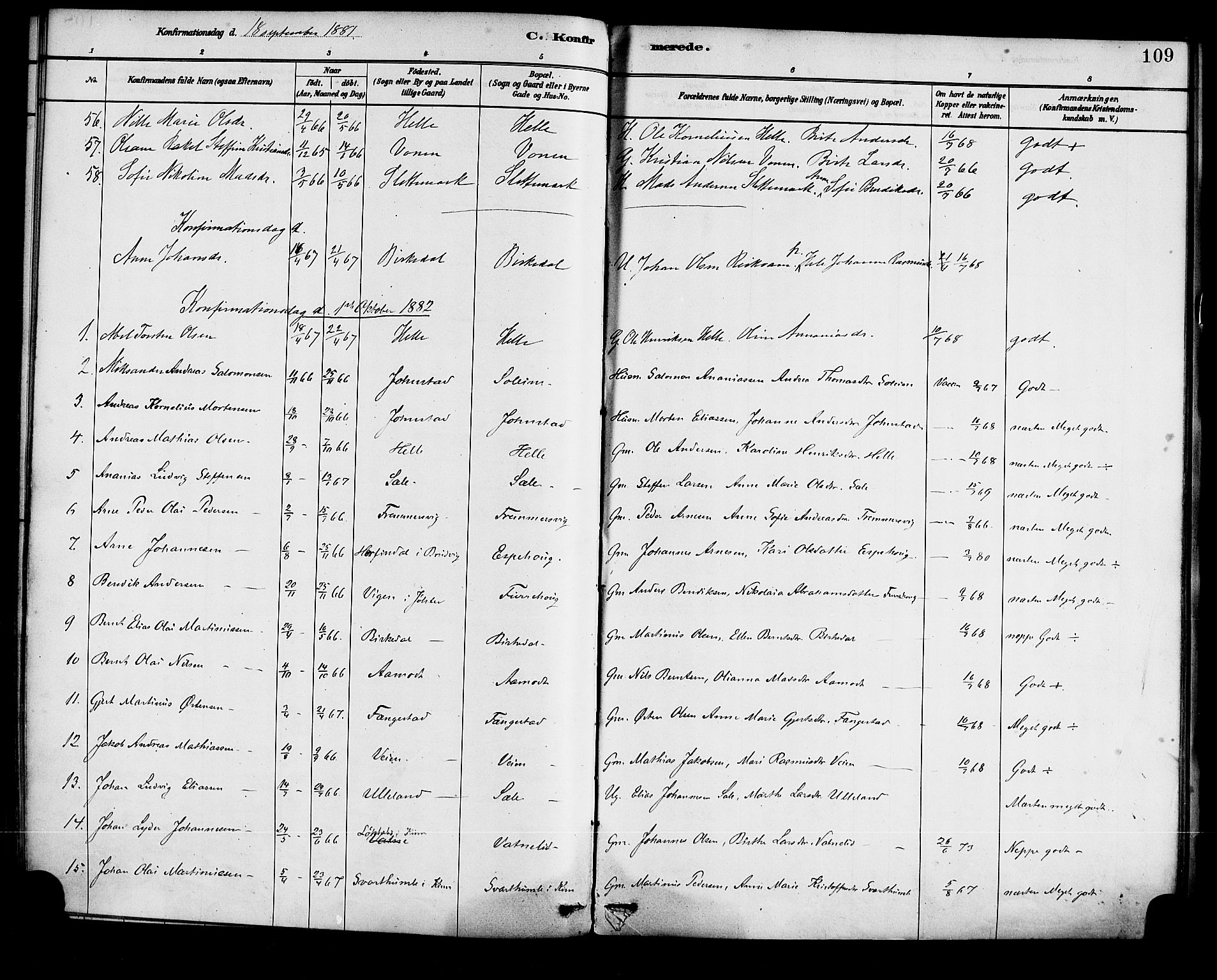 Førde sokneprestembete, SAB/A-79901/H/Haa/Haad/L0001: Parish register (official) no. D 1, 1881-1898, p. 109
