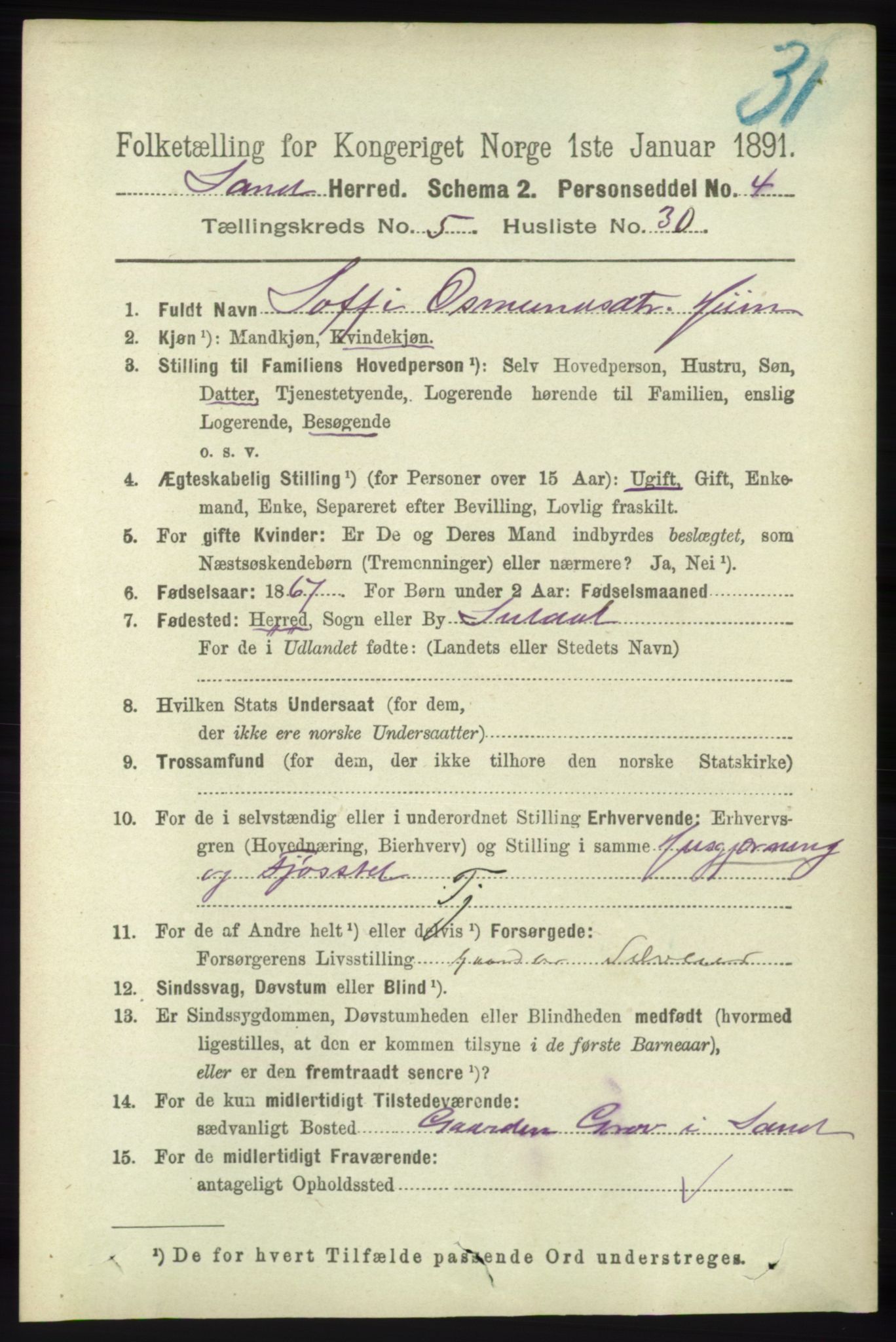 RA, 1891 census for 1136 Sand, 1891, p. 1692