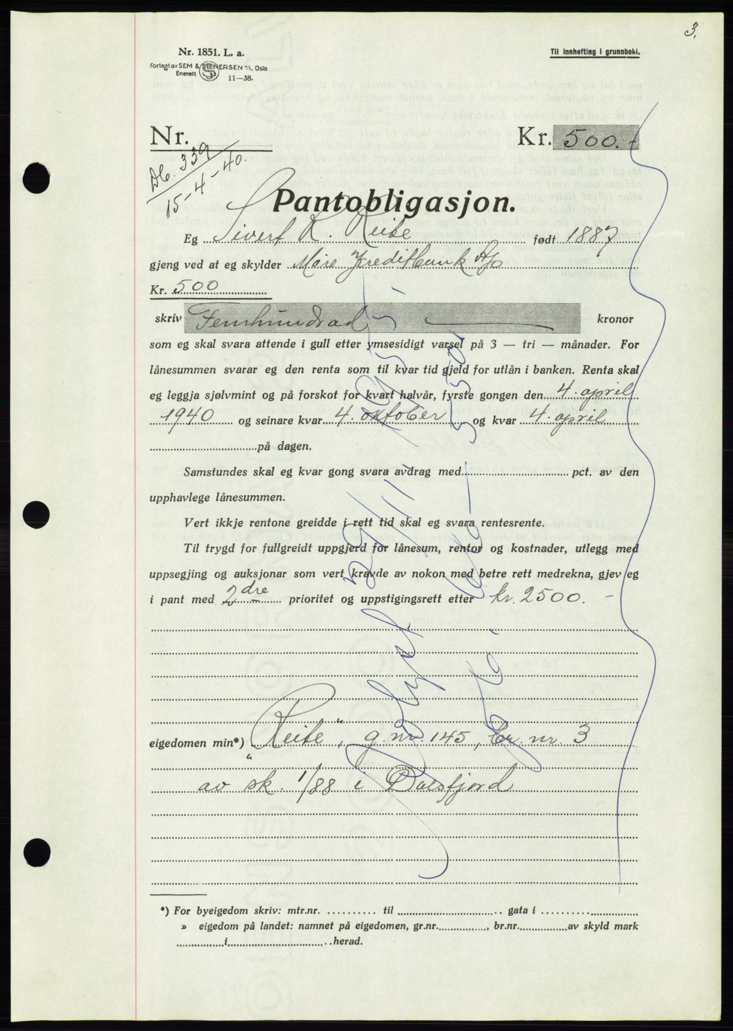 Søre Sunnmøre sorenskriveri, AV/SAT-A-4122/1/2/2C/L0070: Mortgage book no. 64, 1940-1941, Diary no: : 339/1940