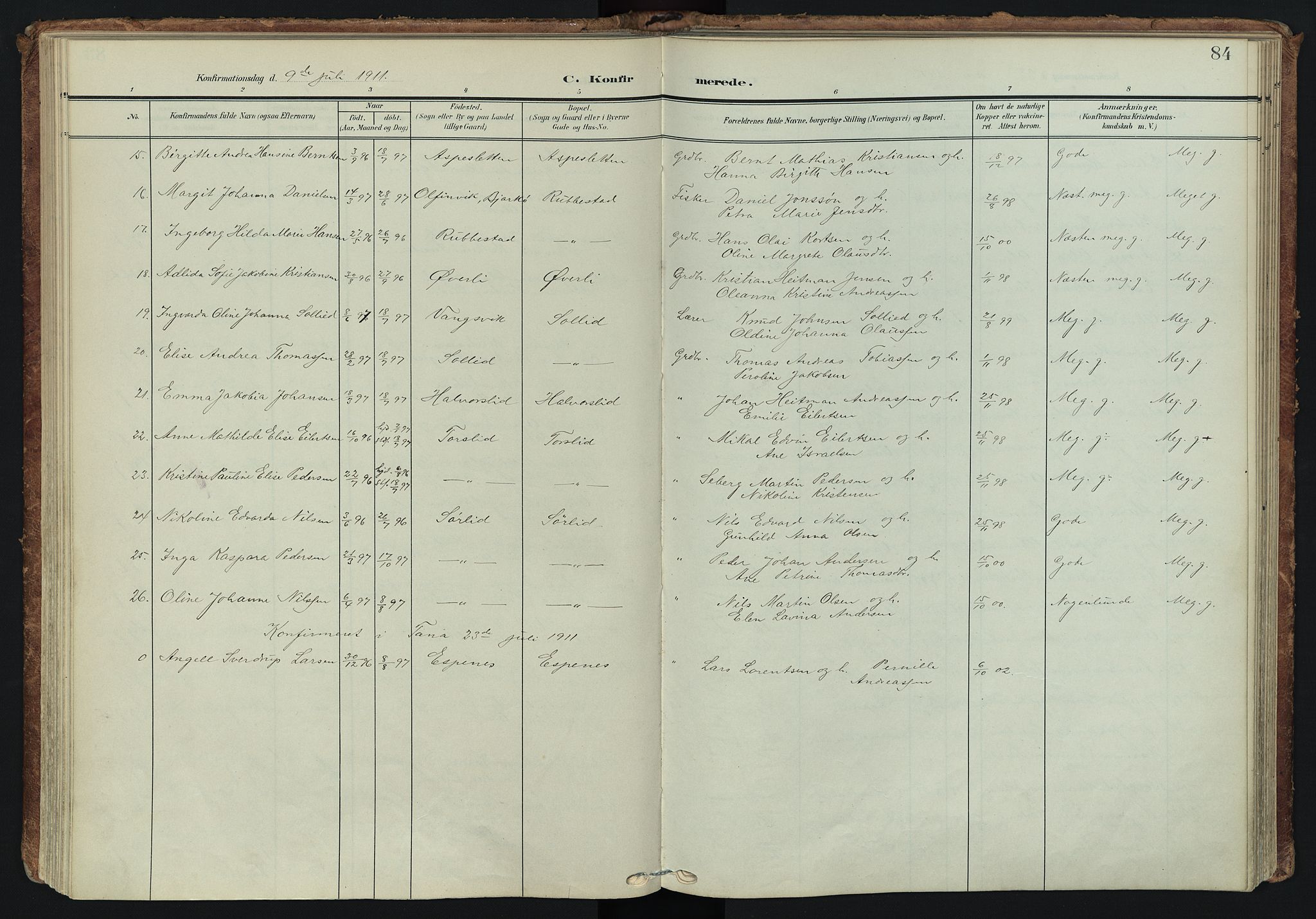 Tranøy sokneprestkontor, AV/SATØ-S-1313/I/Ia/Iaa/L0014kirke: Parish register (official) no. 14, 1905-1919, p. 84