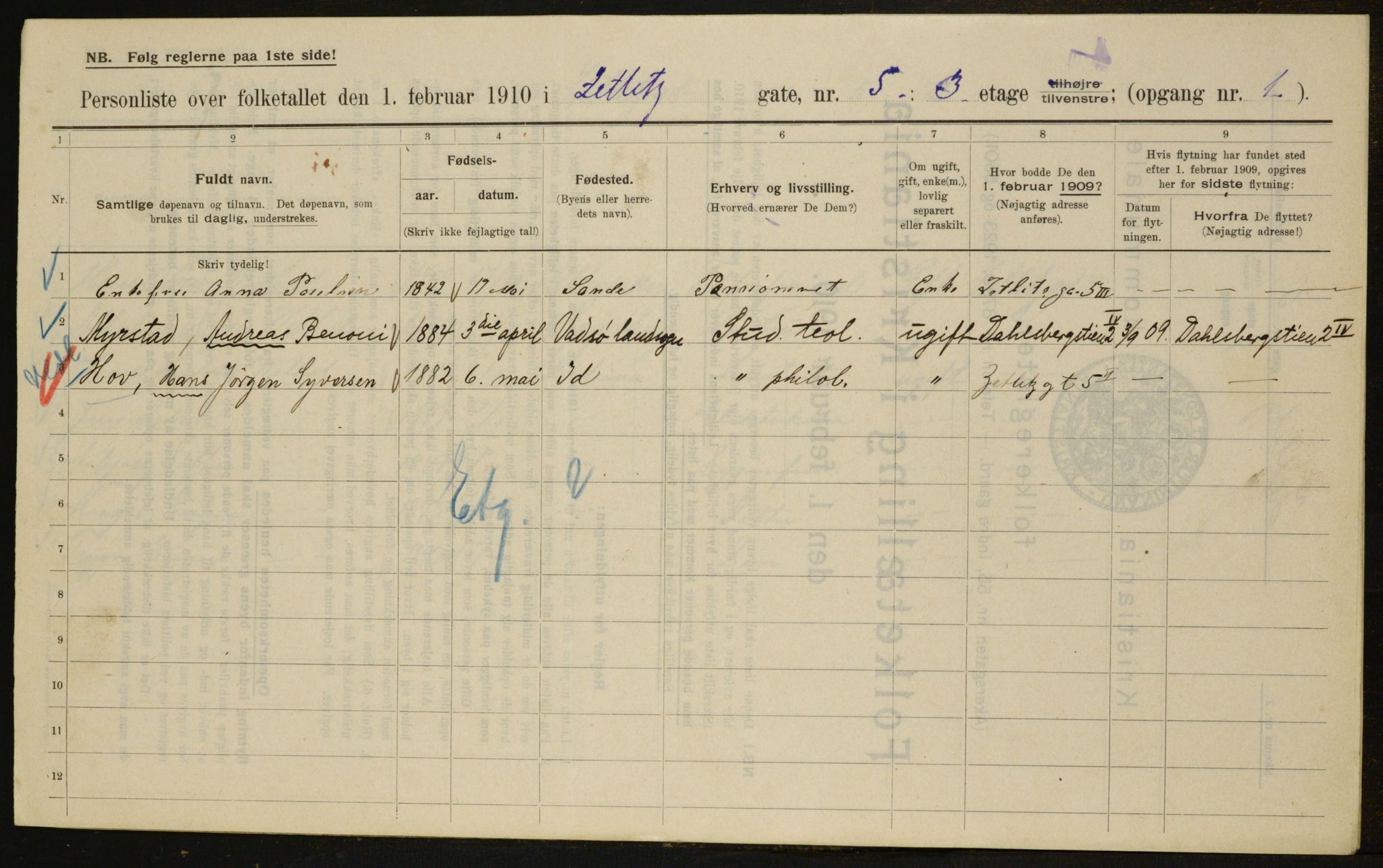 OBA, Municipal Census 1910 for Kristiania, 1910, p. 122020