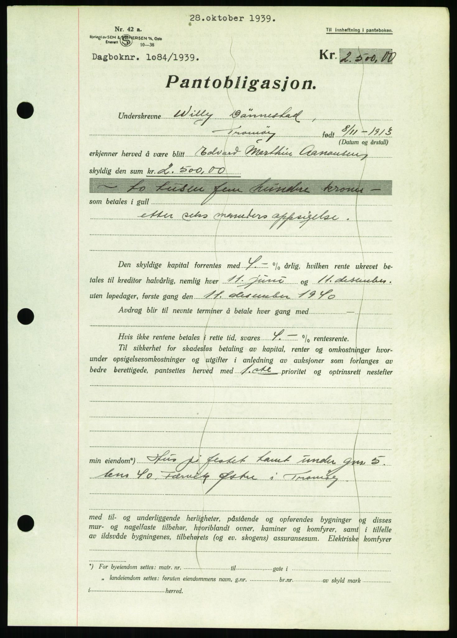 Nedenes sorenskriveri, SAK/1221-0006/G/Gb/Gbb/L0001: Mortgage book no. I, 1939-1942, Diary no: : 1084/1939