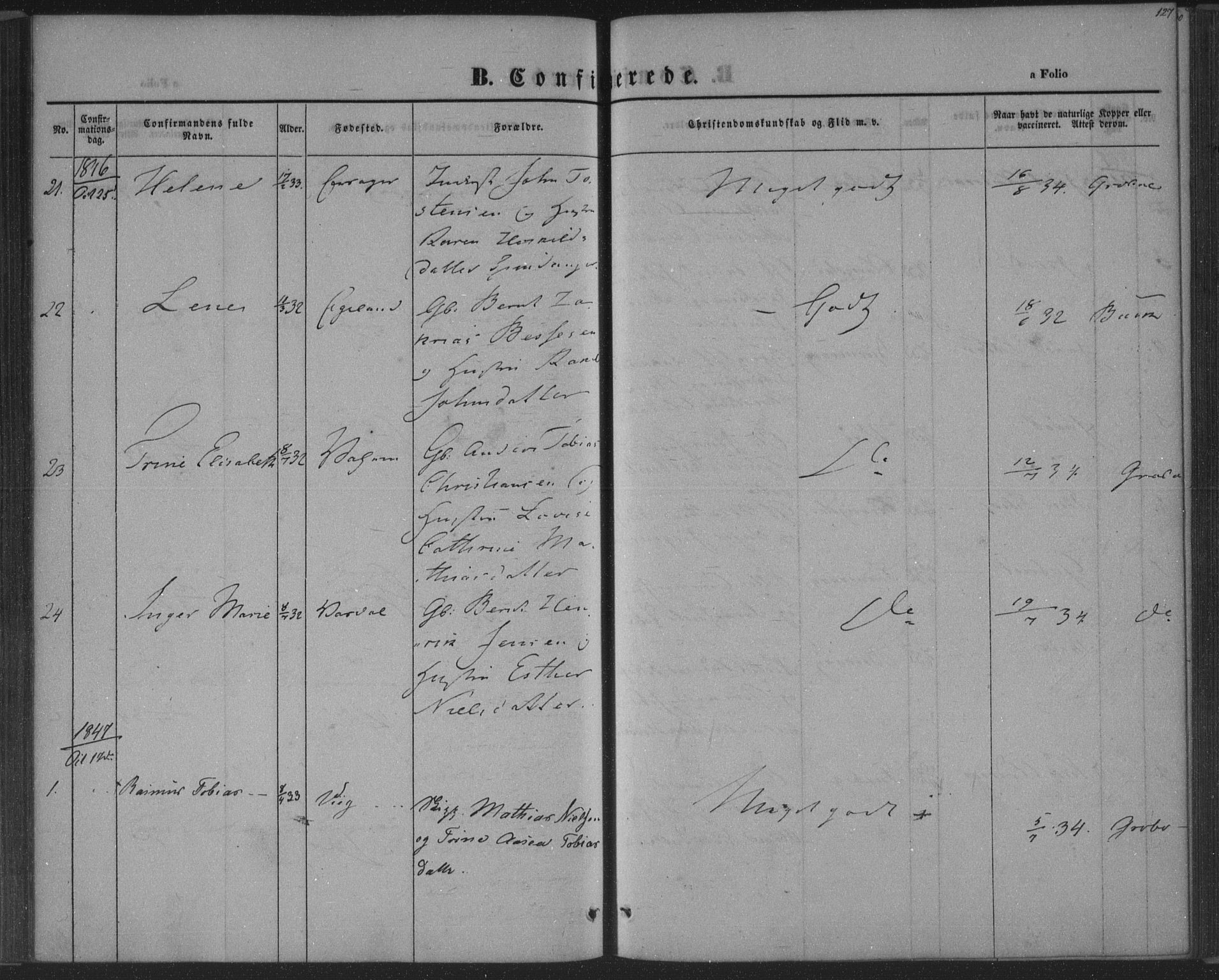 Herad sokneprestkontor, SAK/1111-0018/F/Fa/Fab/L0003: Parish register (official) no. A 3, 1844-1853, p. 127