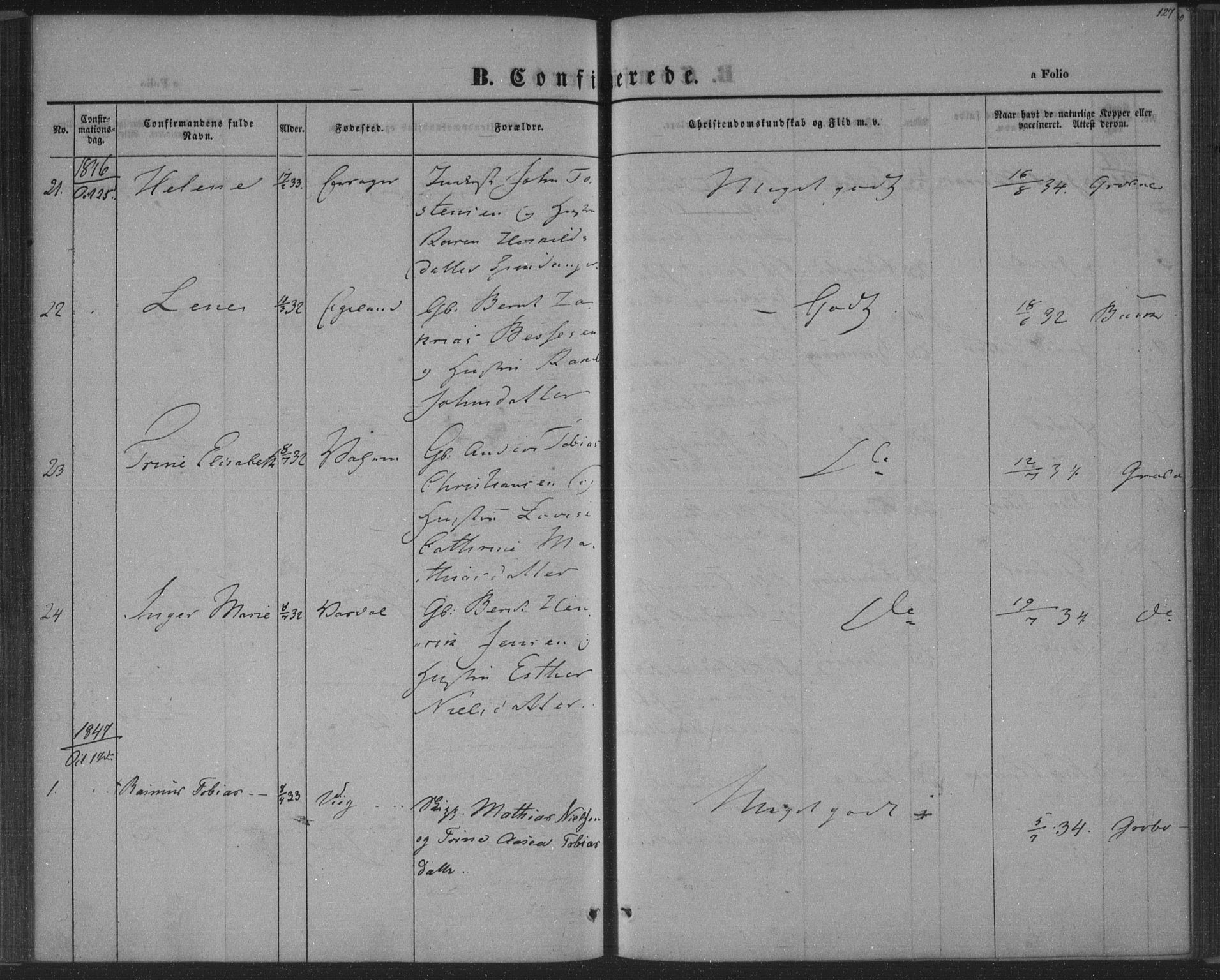 Herad sokneprestkontor, AV/SAK-1111-0018/F/Fa/Fab/L0003: Parish register (official) no. A 3, 1844-1853, p. 127