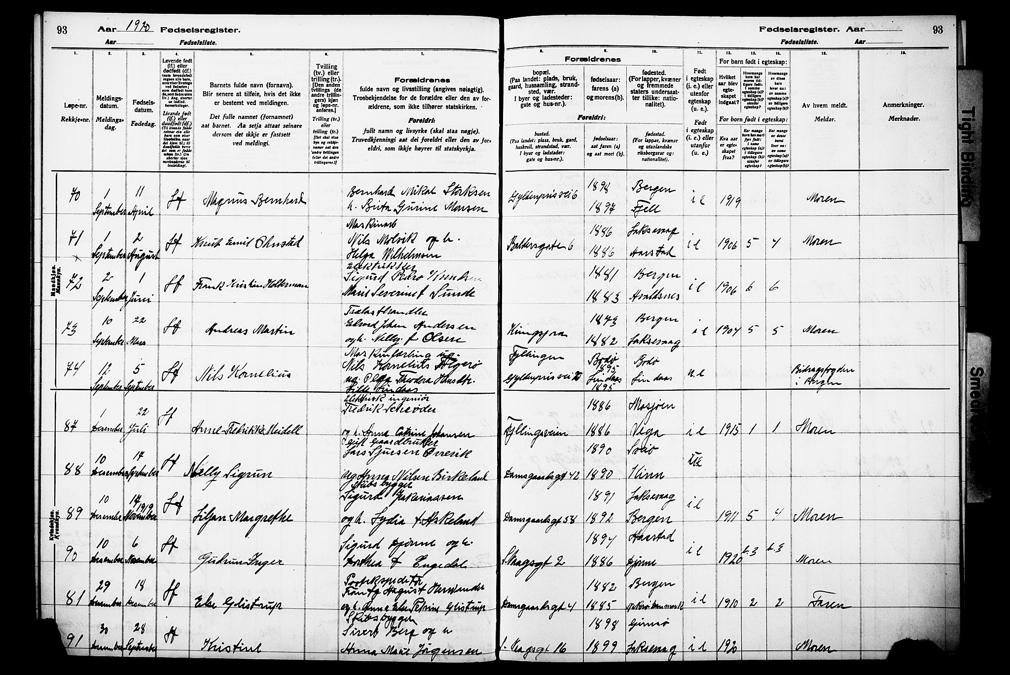 Laksevåg Sokneprestembete, AV/SAB-A-76501/I/Id/L00A1: Birth register no. A 1, 1916-1926, p. 93