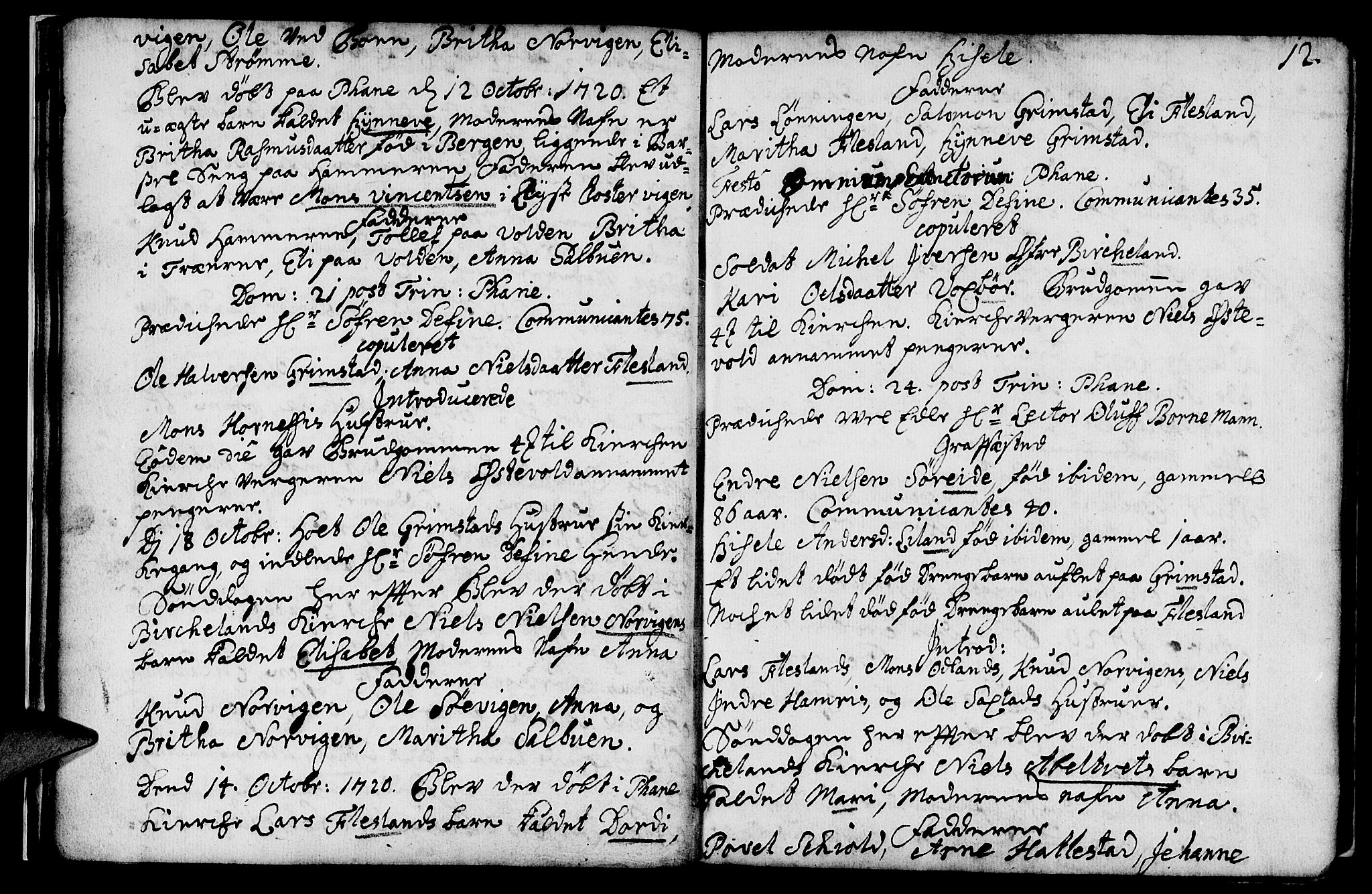Fana Sokneprestembete, AV/SAB-A-75101/H/Haa/Haaa/L0002: Parish register (official) no. A 2, 1719-1735, p. 12