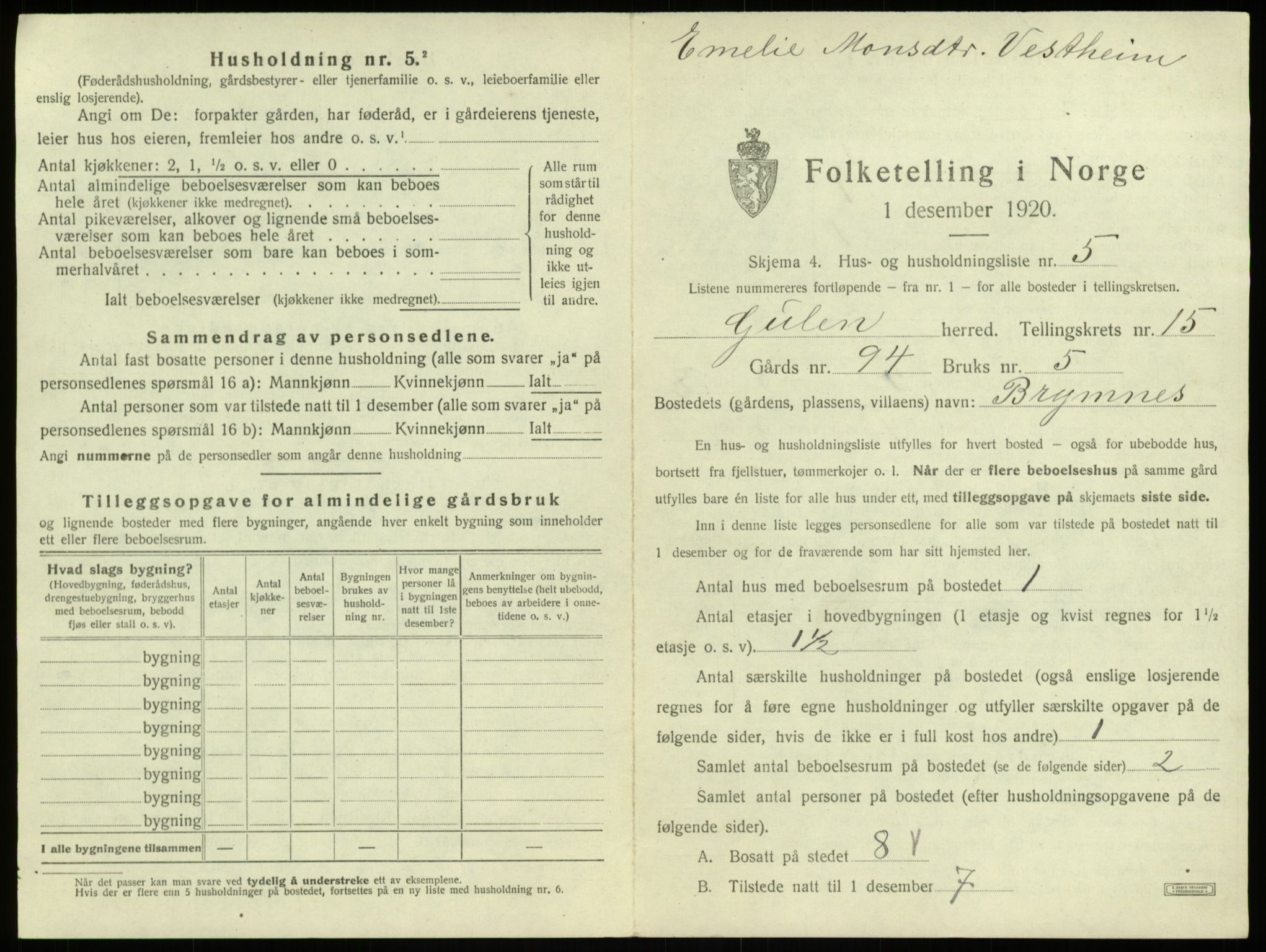 SAB, 1920 census for Gulen, 1920, p. 928