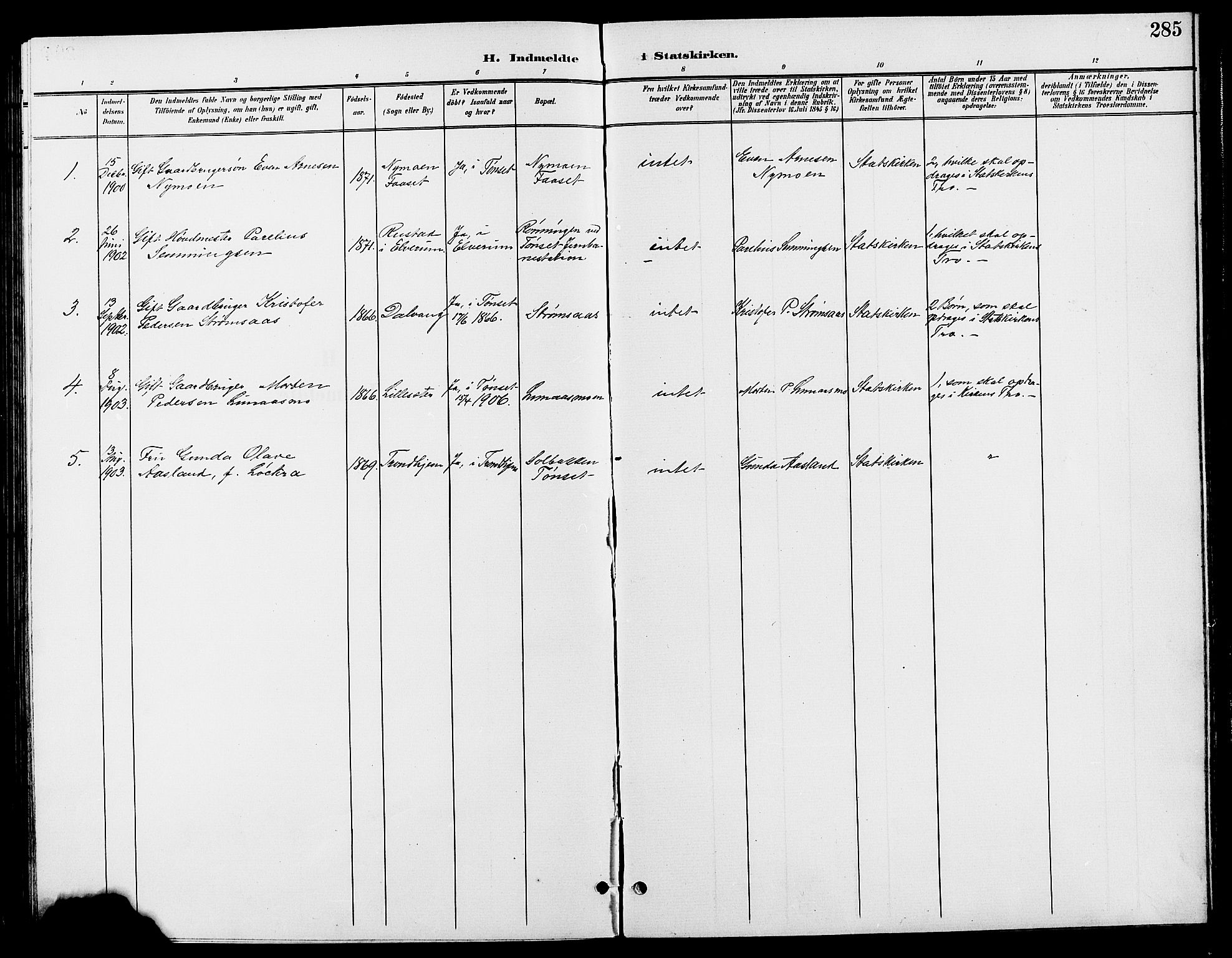 Tynset prestekontor, SAH/PREST-058/H/Ha/Hab/L0009: Parish register (copy) no. 9, 1900-1914, p. 285