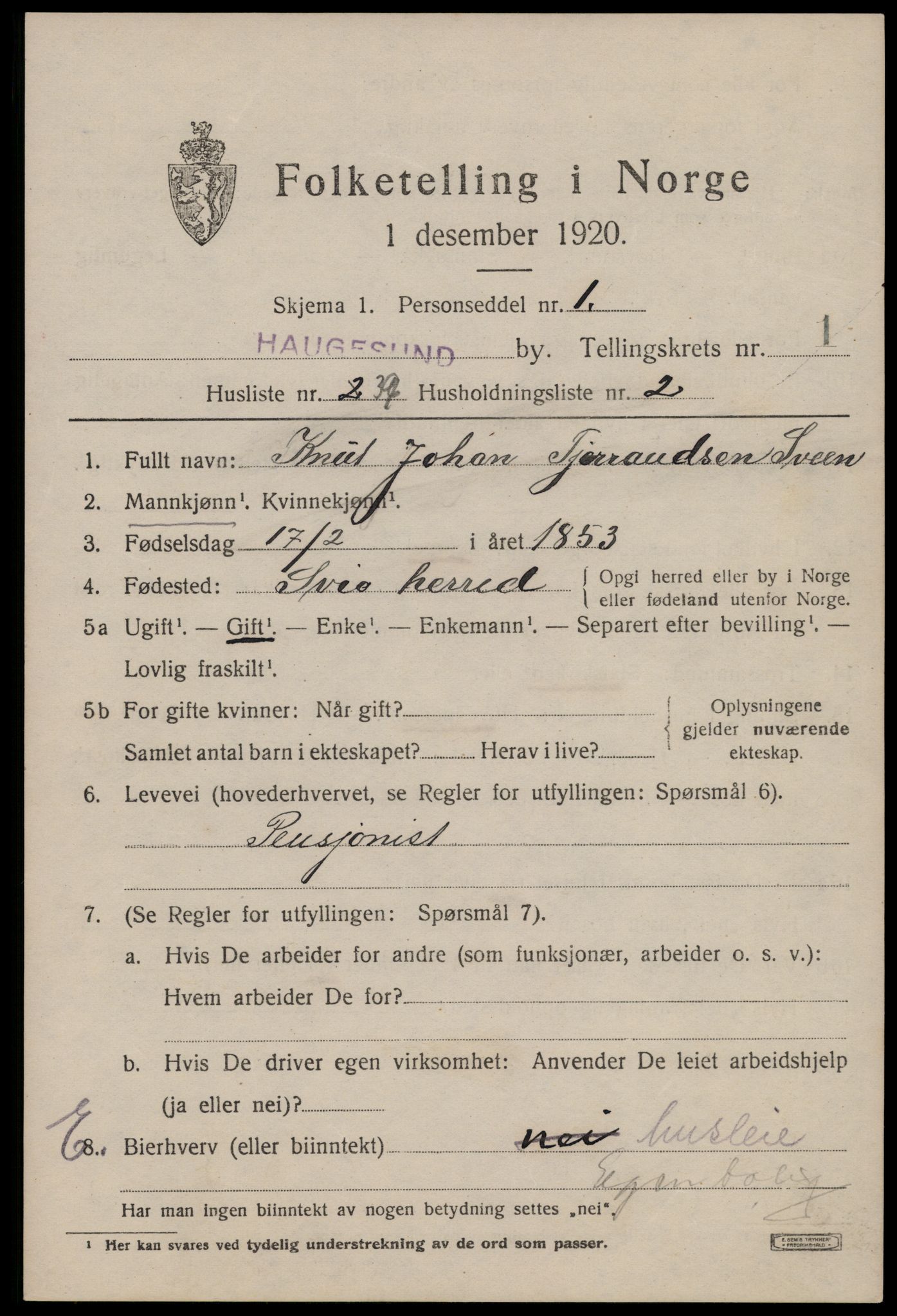 SAST, 1920 census for Haugesund, 1920, p. 12137