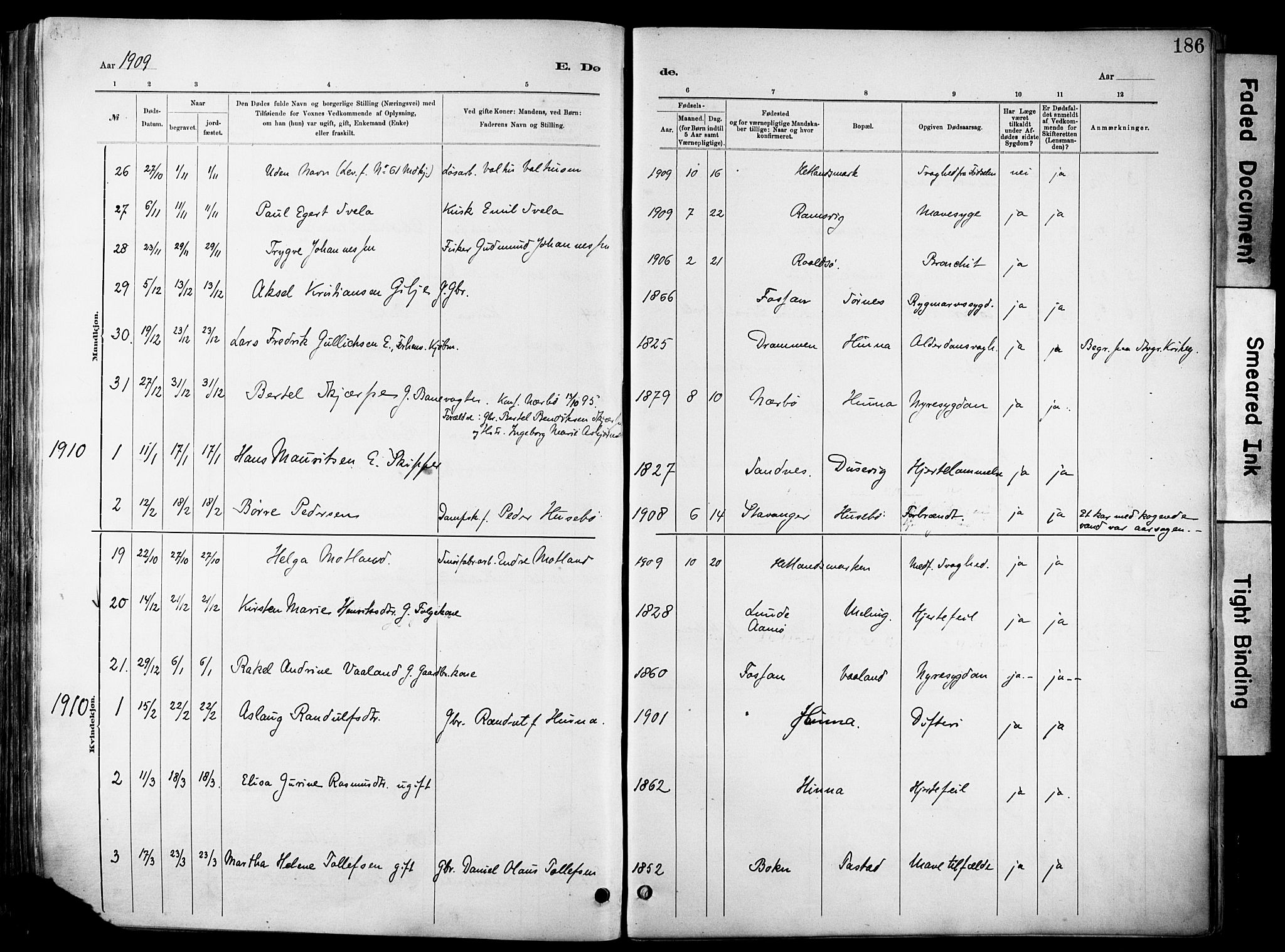 Hetland sokneprestkontor, SAST/A-101826/30/30BA/L0012: Parish register (official) no. A 12, 1882-1912, p. 186
