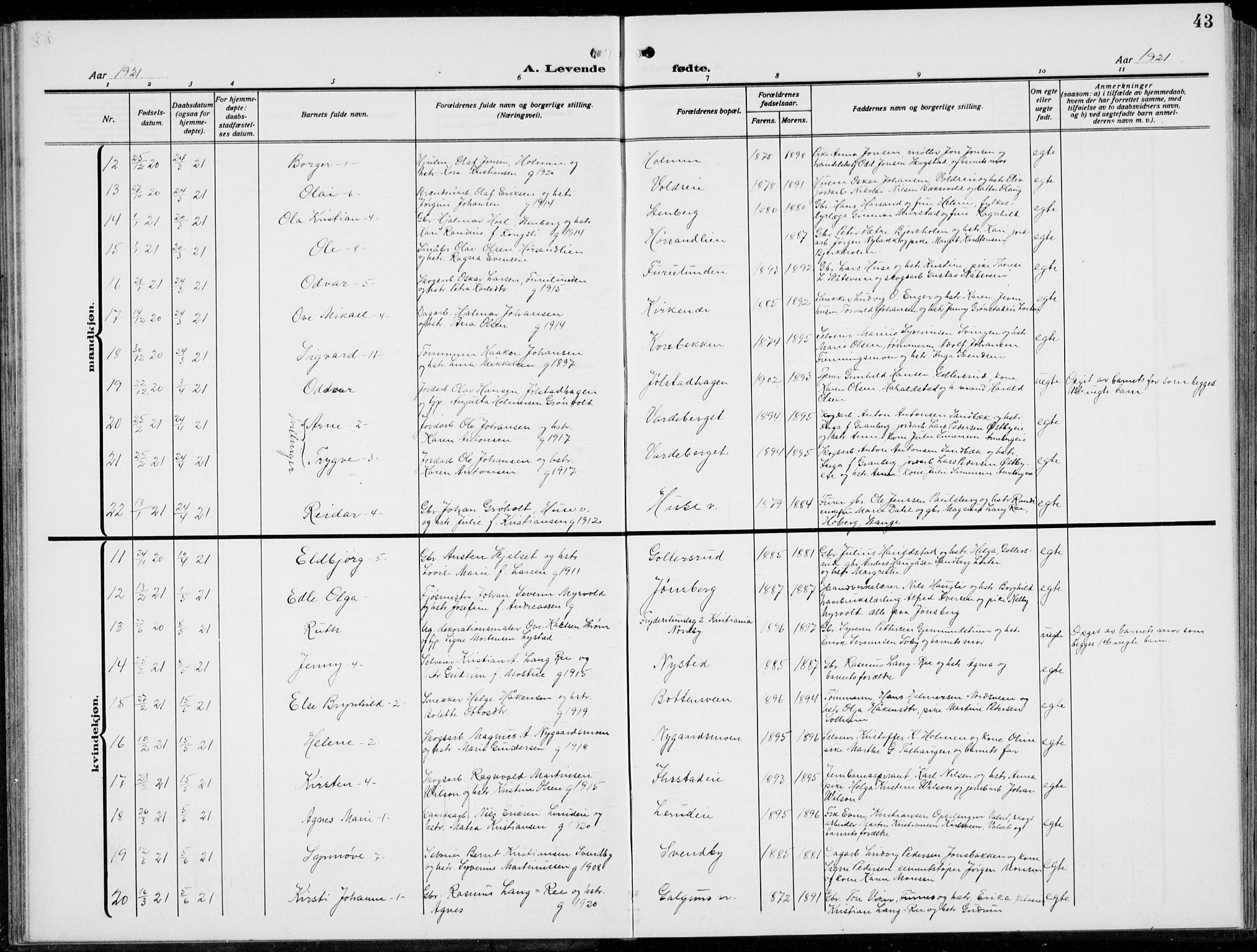 Romedal prestekontor, SAH/PREST-004/L/L0014: Parish register (copy) no. 14, 1915-1939, p. 43