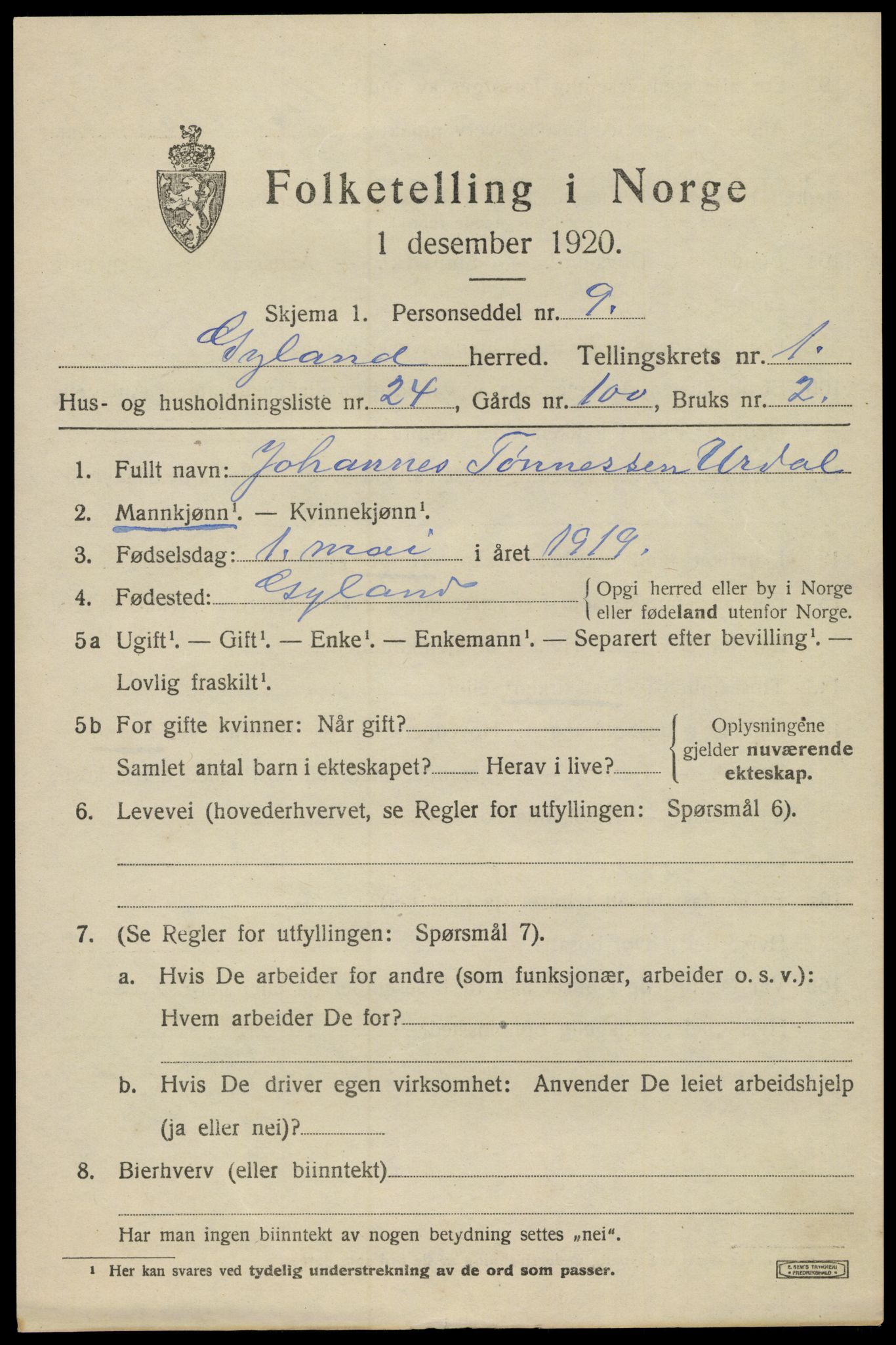 SAK, 1920 census for Gyland, 1920, p. 718