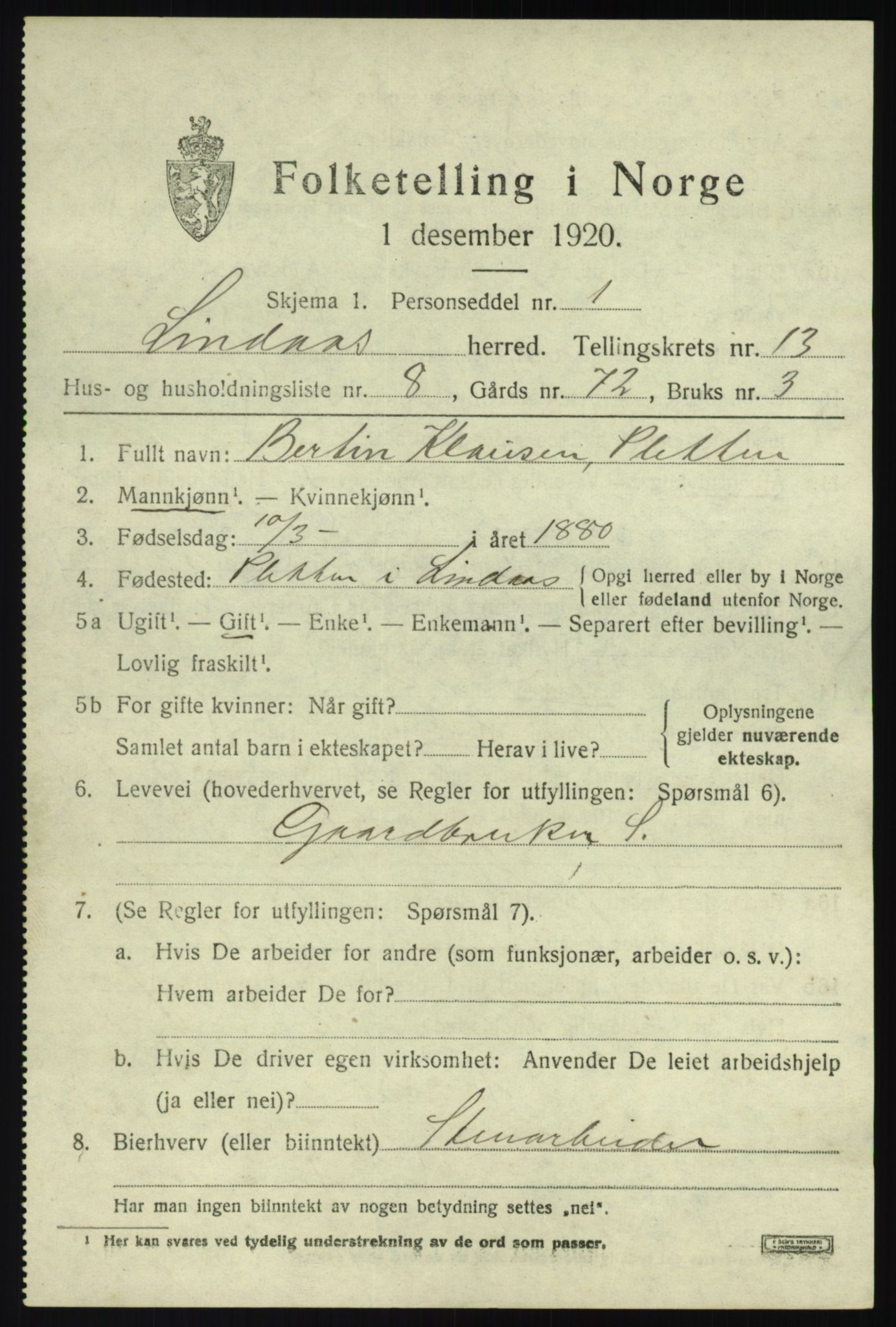 SAB, 1920 census for Lindås, 1920, p. 6433
