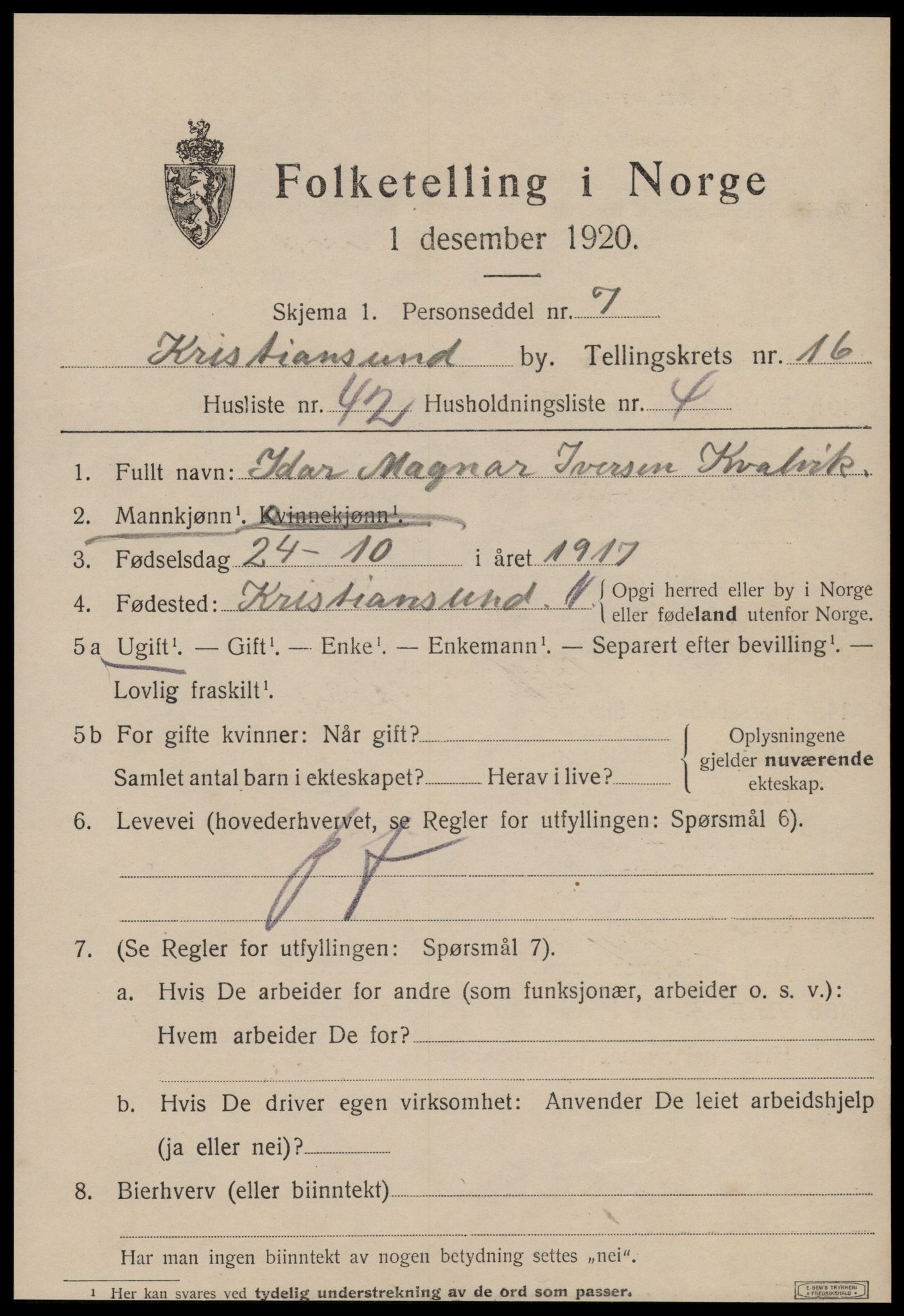 SAT, 1920 census for Kristiansund, 1920, p. 34733