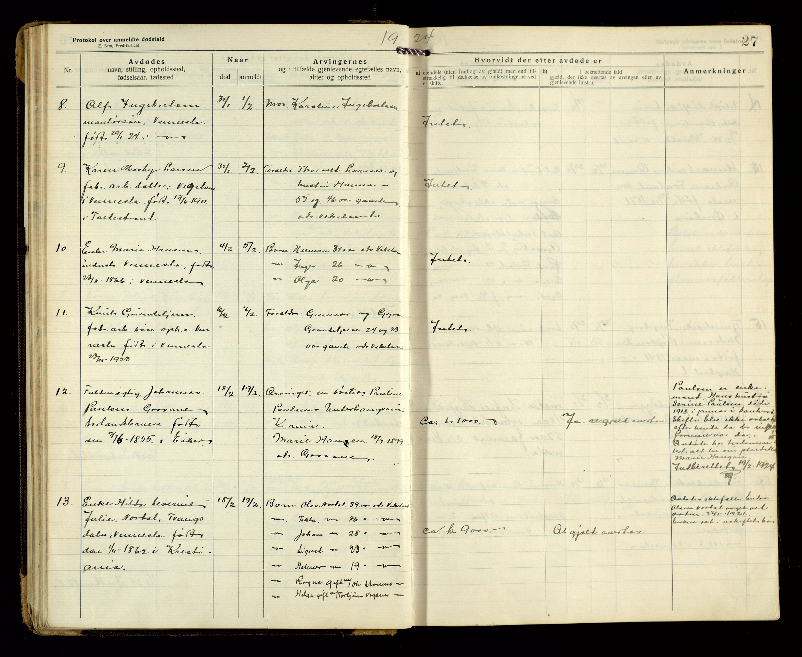 Vennesla og Iveland lensmannskontor, AV/SAK-1241-0050/F/Fe/L0001: Dødsfallsprotokoll nr 7, 1920-1940, p. 27