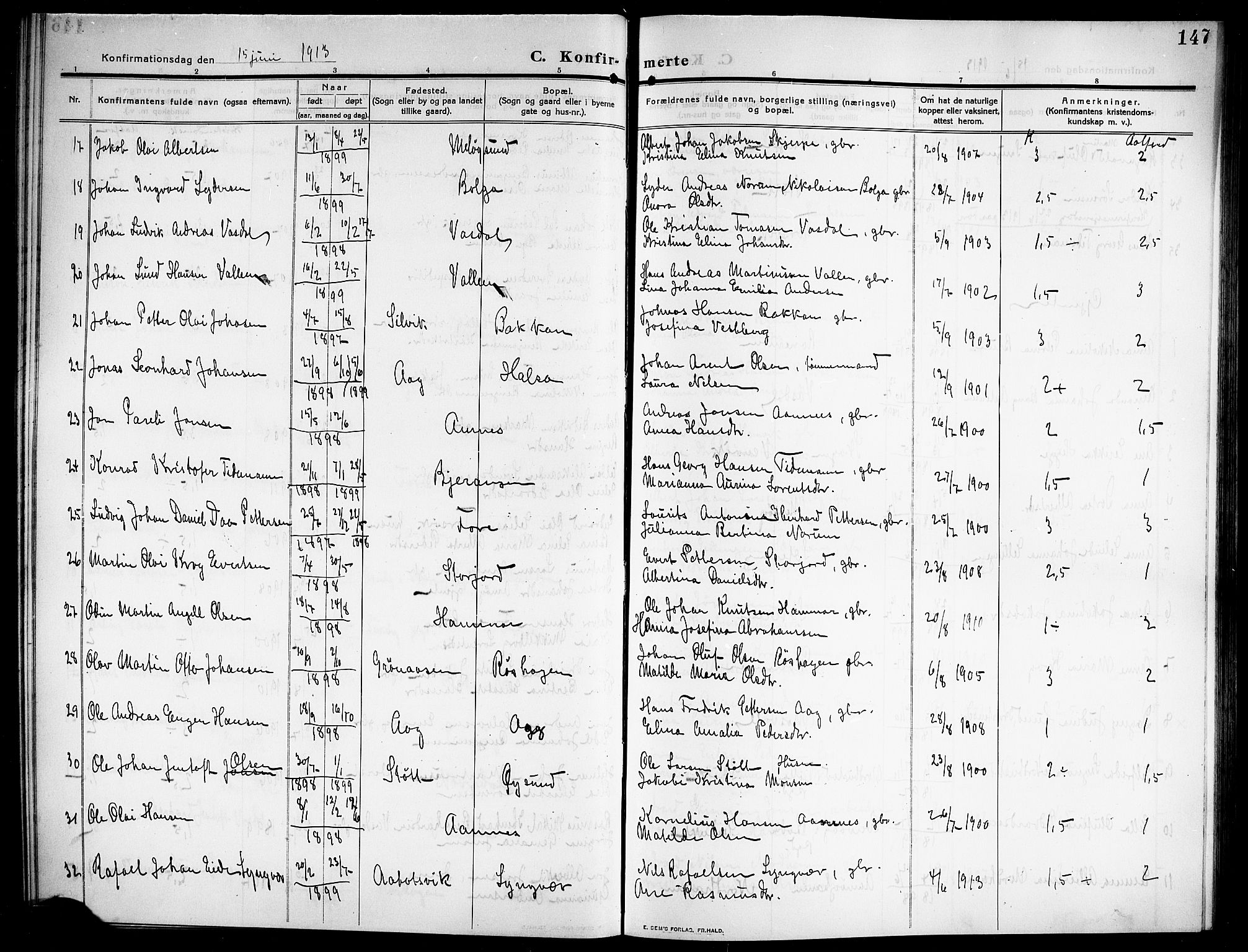 Ministerialprotokoller, klokkerbøker og fødselsregistre - Nordland, AV/SAT-A-1459/843/L0639: Parish register (copy) no. 843C08, 1908-1924, p. 147