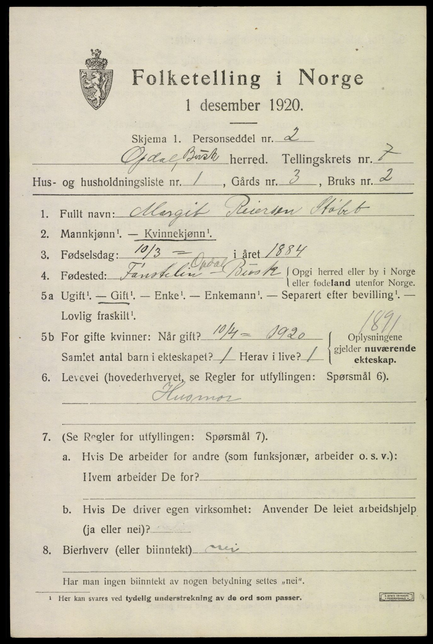 SAKO, 1920 census for Uvdal, 1920, p. 2741