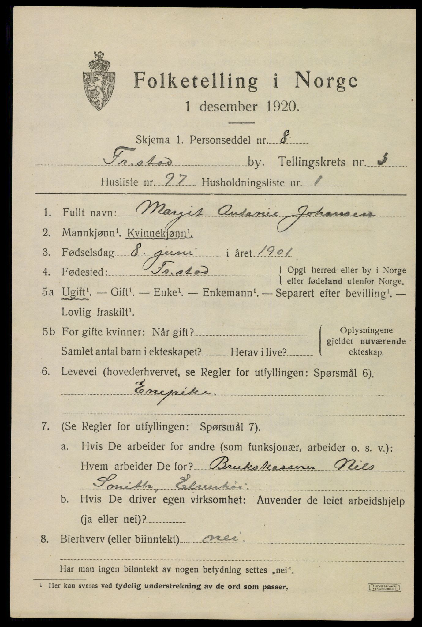 SAO, 1920 census for Fredrikstad, 1920, p. 16883