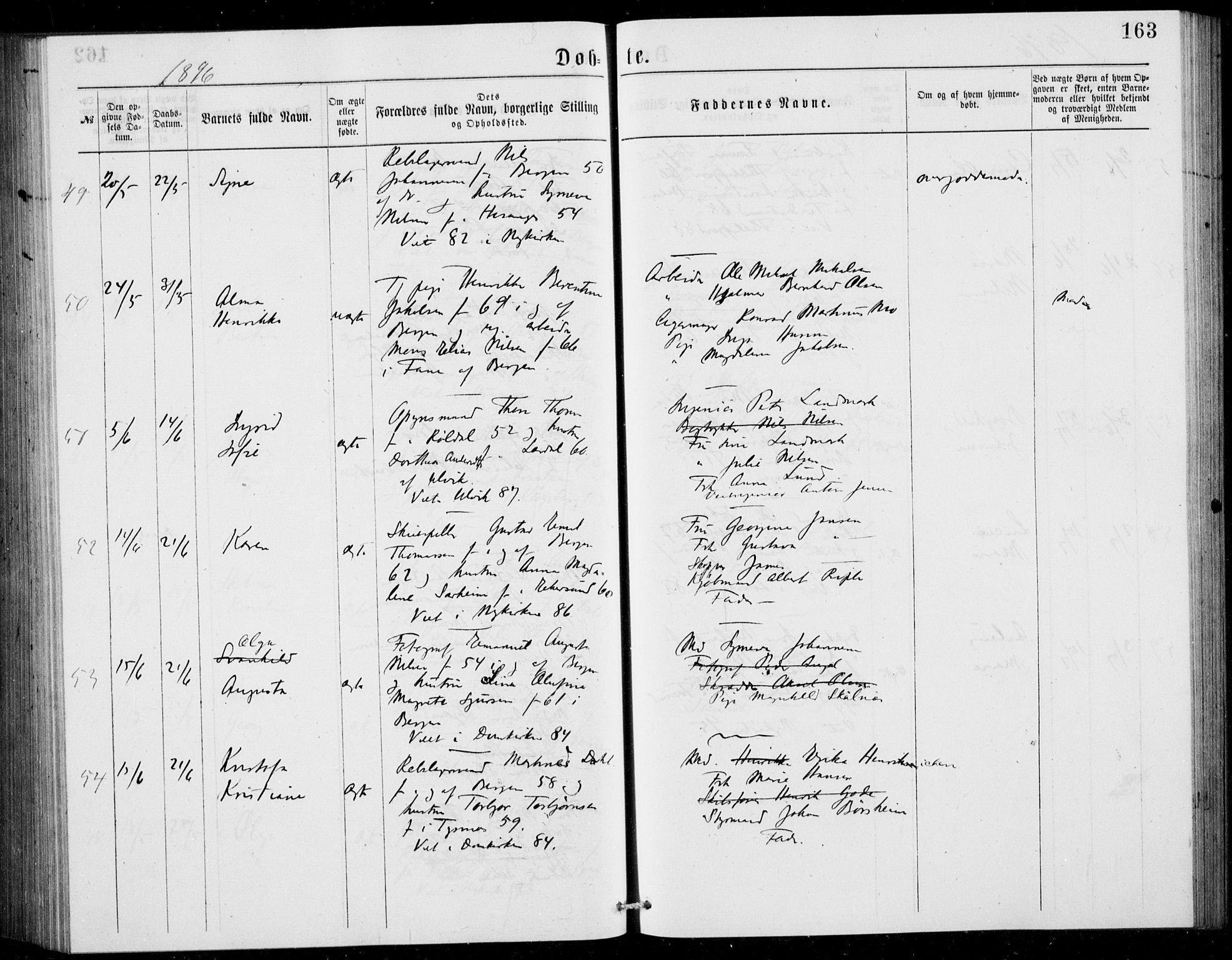 Fødselsstiftelsens sokneprestembete, ført av overlegen*, SAB/-: Parish register (official) no. A 2, 1884-1900, p. 163