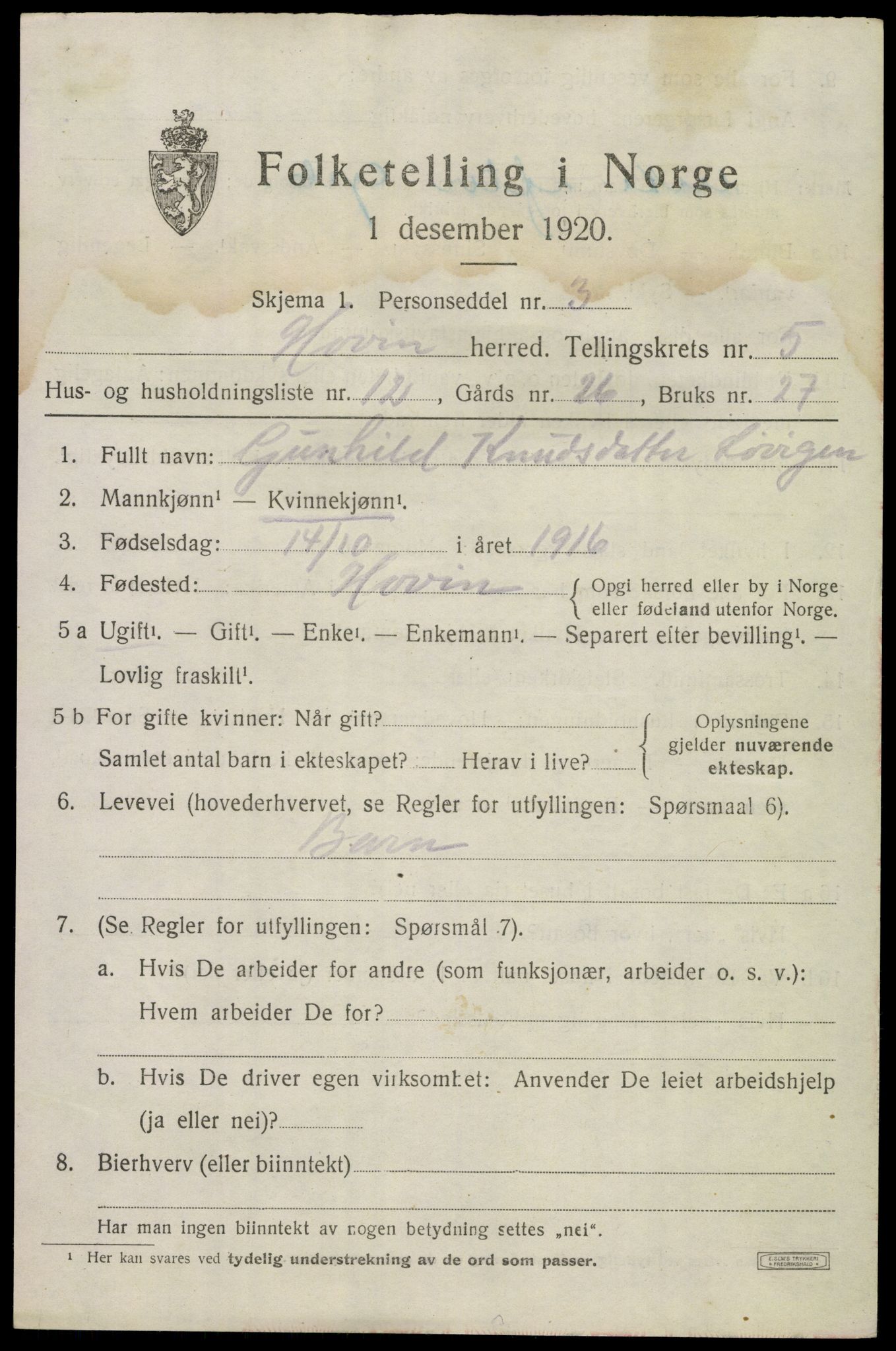 SAKO, 1920 census for Hovin, 1920, p. 1433