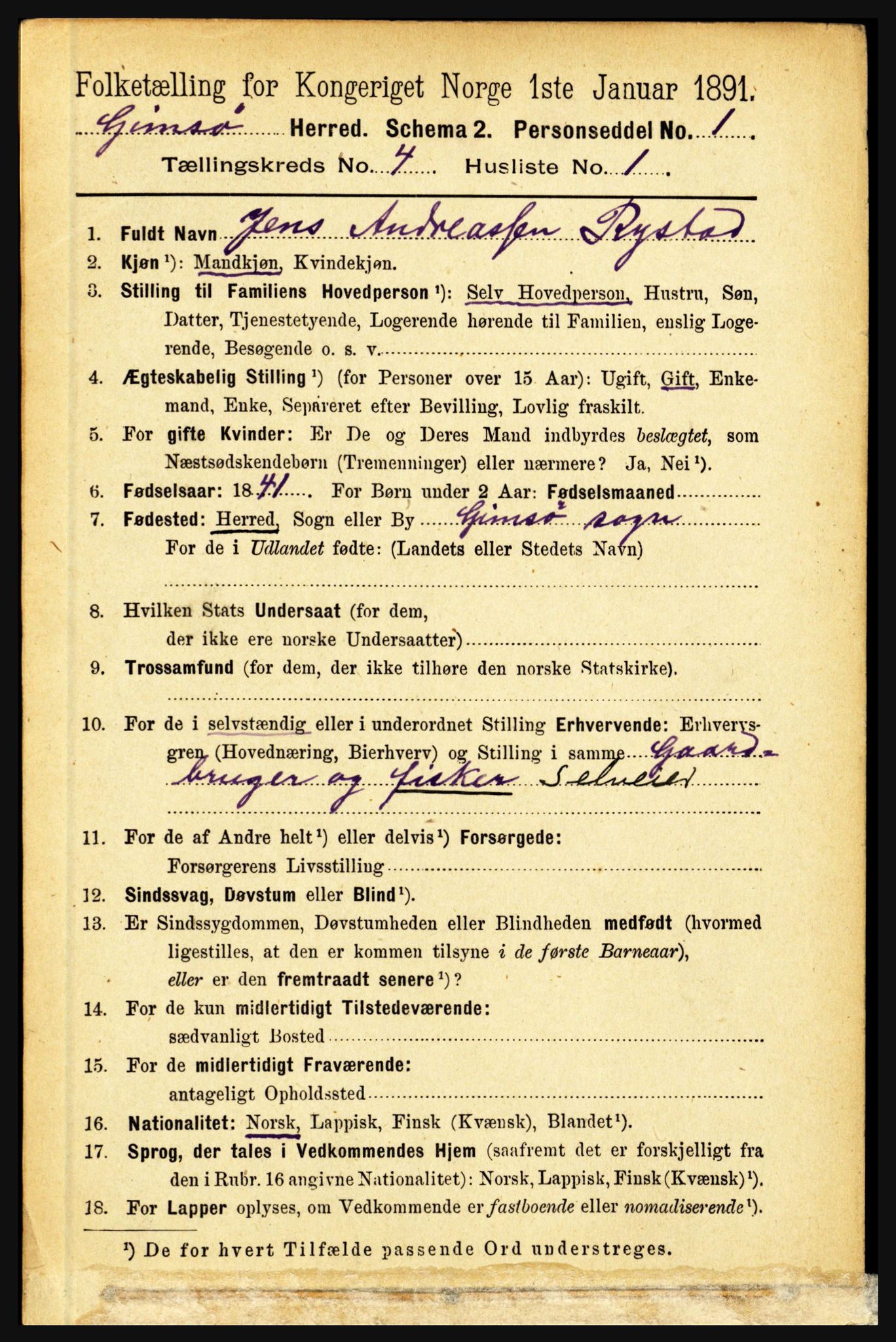 RA, 1891 census for 1864 Gimsøy, 1891, p. 635