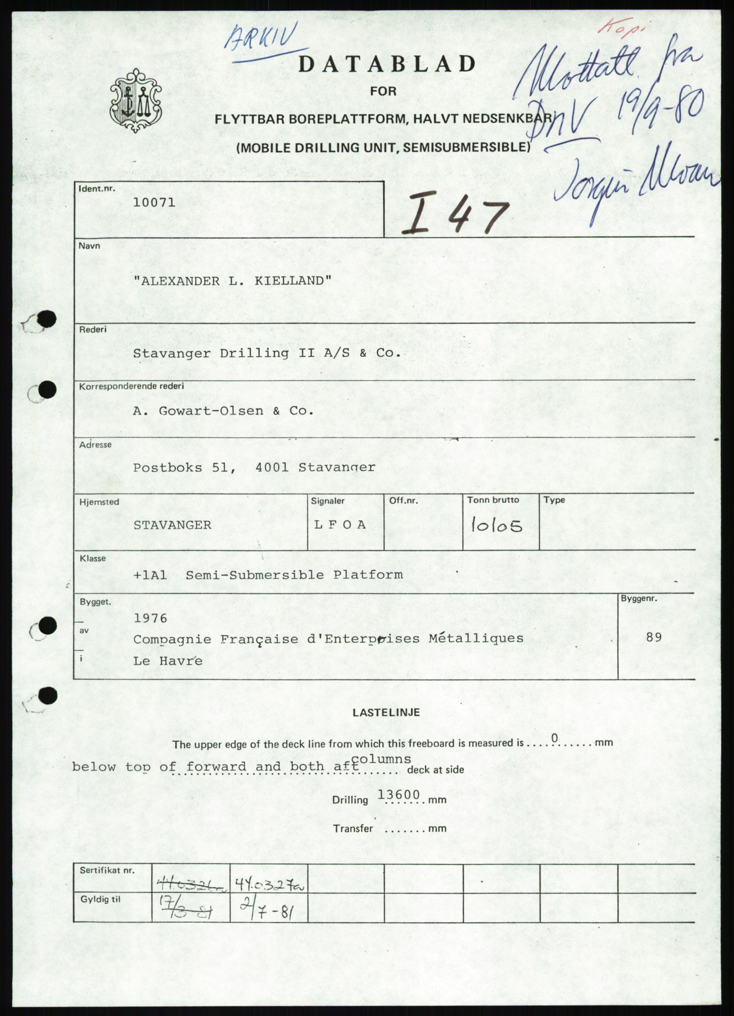 Justisdepartementet, Granskningskommisjonen ved Alexander Kielland-ulykken 27.3.1980, AV/RA-S-1165/D/L0013: H Sjøfartsdirektoratet og Skipskontrollen (H25-H43, H45, H47-H48, H50, H52)/I Det norske Veritas (I34, I41, I47), 1980-1981, p. 717