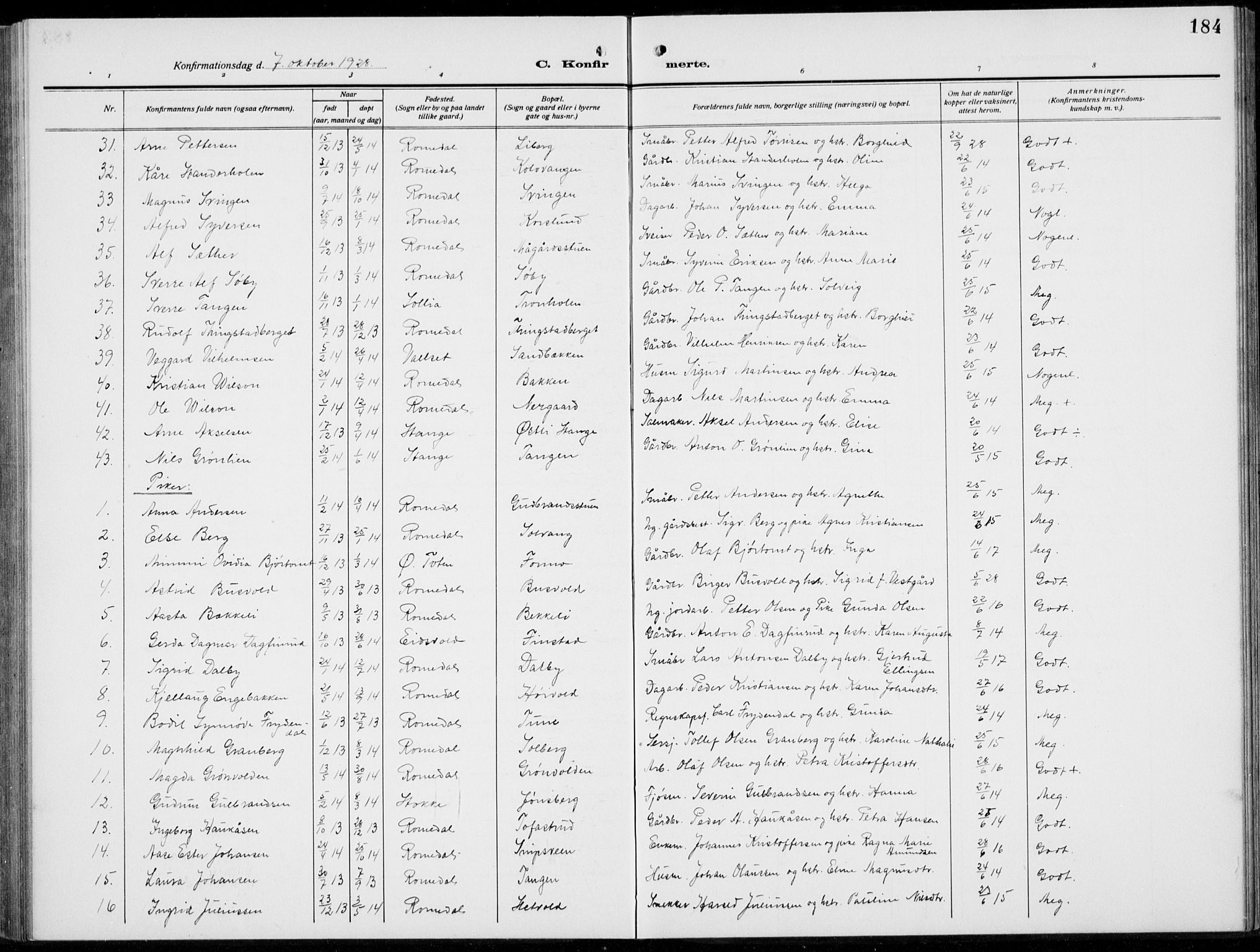 Romedal prestekontor, SAH/PREST-004/L/L0014: Parish register (copy) no. 14, 1915-1939, p. 184