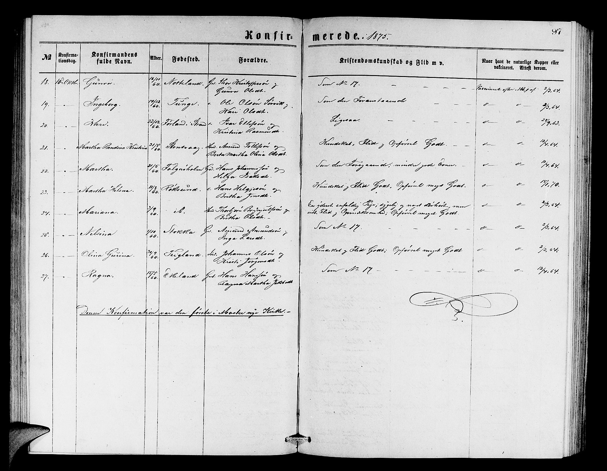 Finnås sokneprestembete, SAB/A-99925/H/Ha/Hab/Haba/L0002: Parish register (copy) no. A 2, 1873-1882, p. 97