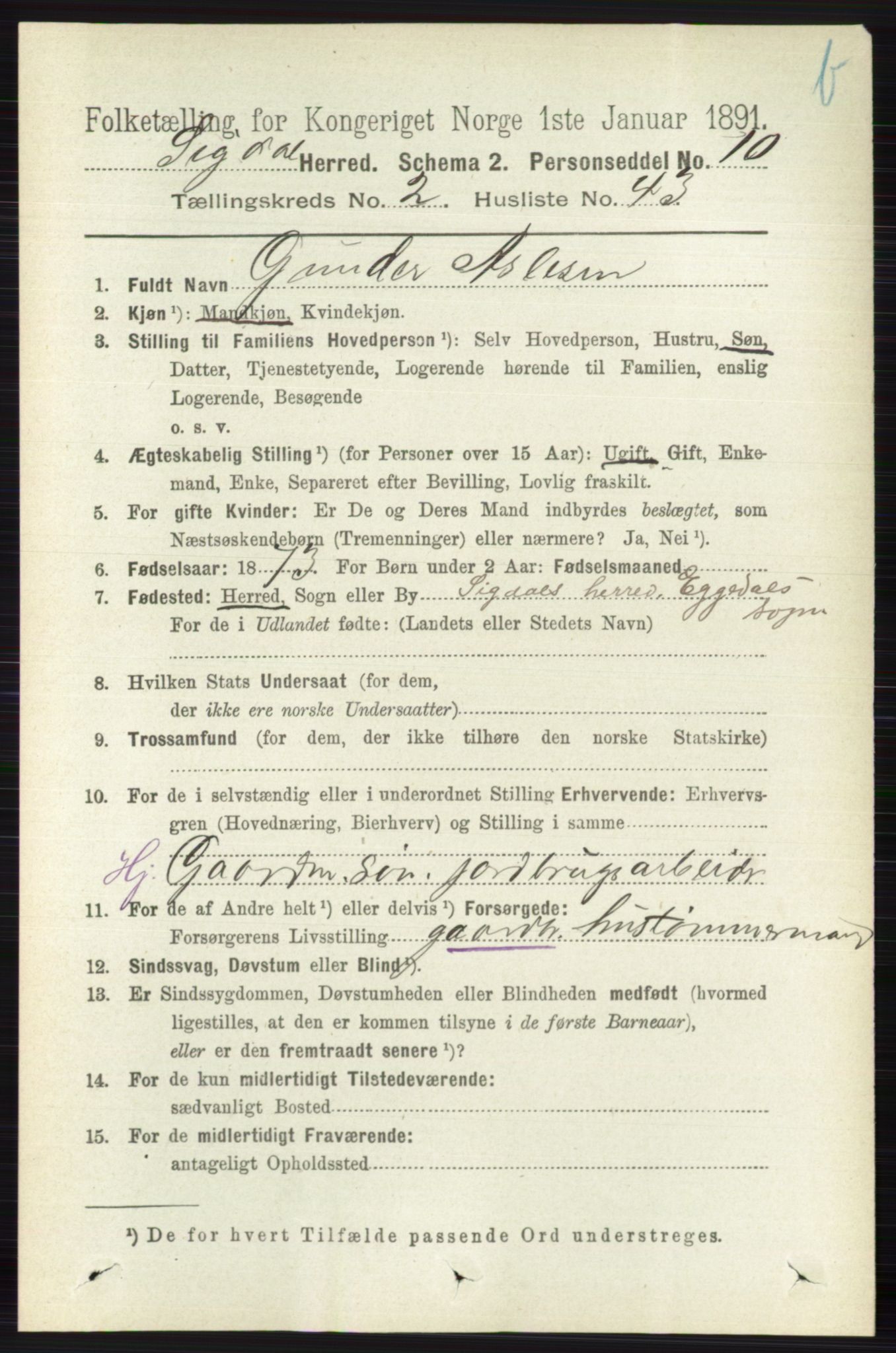 RA, 1891 census for 0621 Sigdal, 1891, p. 4143