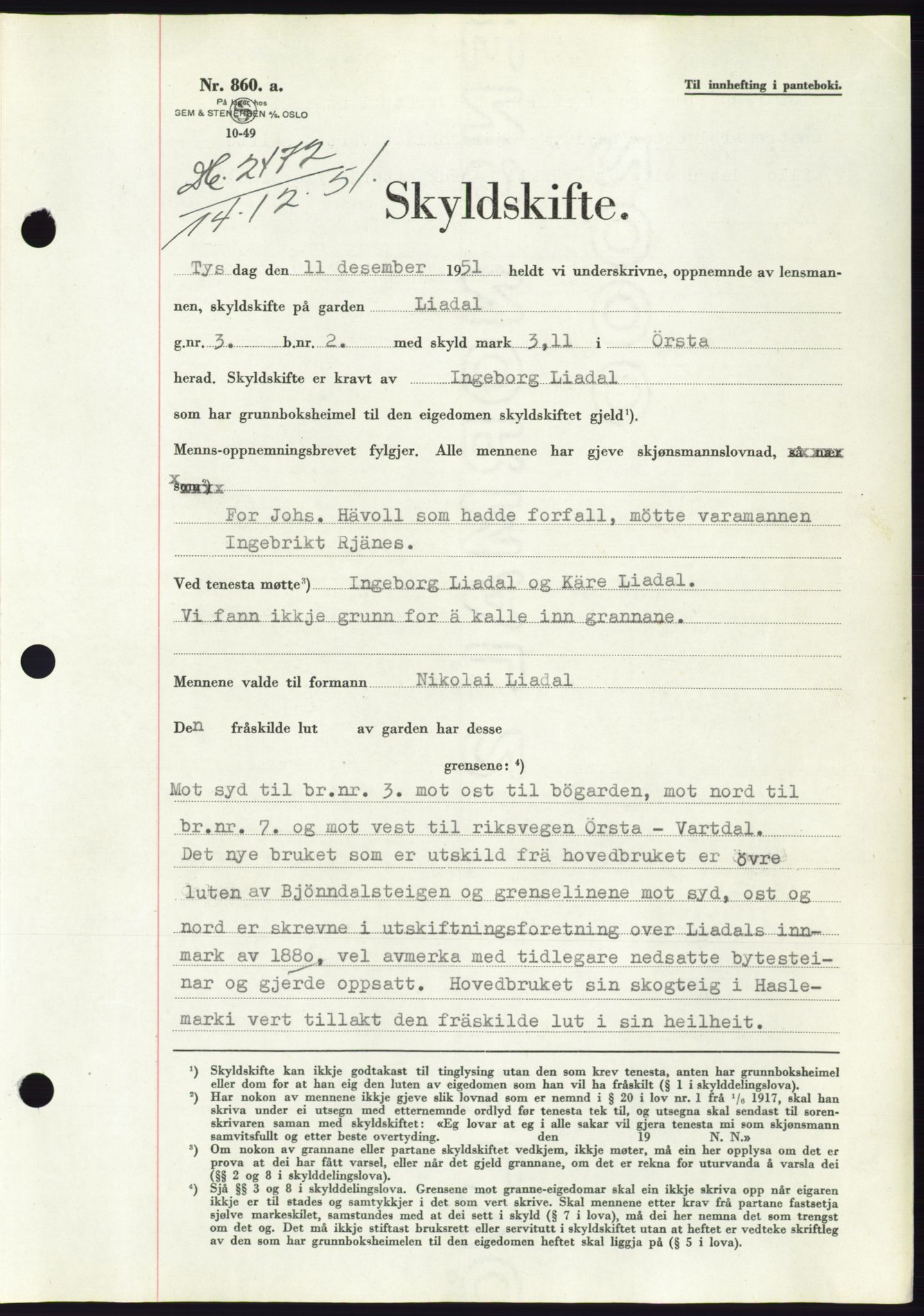 Søre Sunnmøre sorenskriveri, AV/SAT-A-4122/1/2/2C/L0090: Mortgage book no. 16A, 1951-1951, Diary no: : 2472/1951